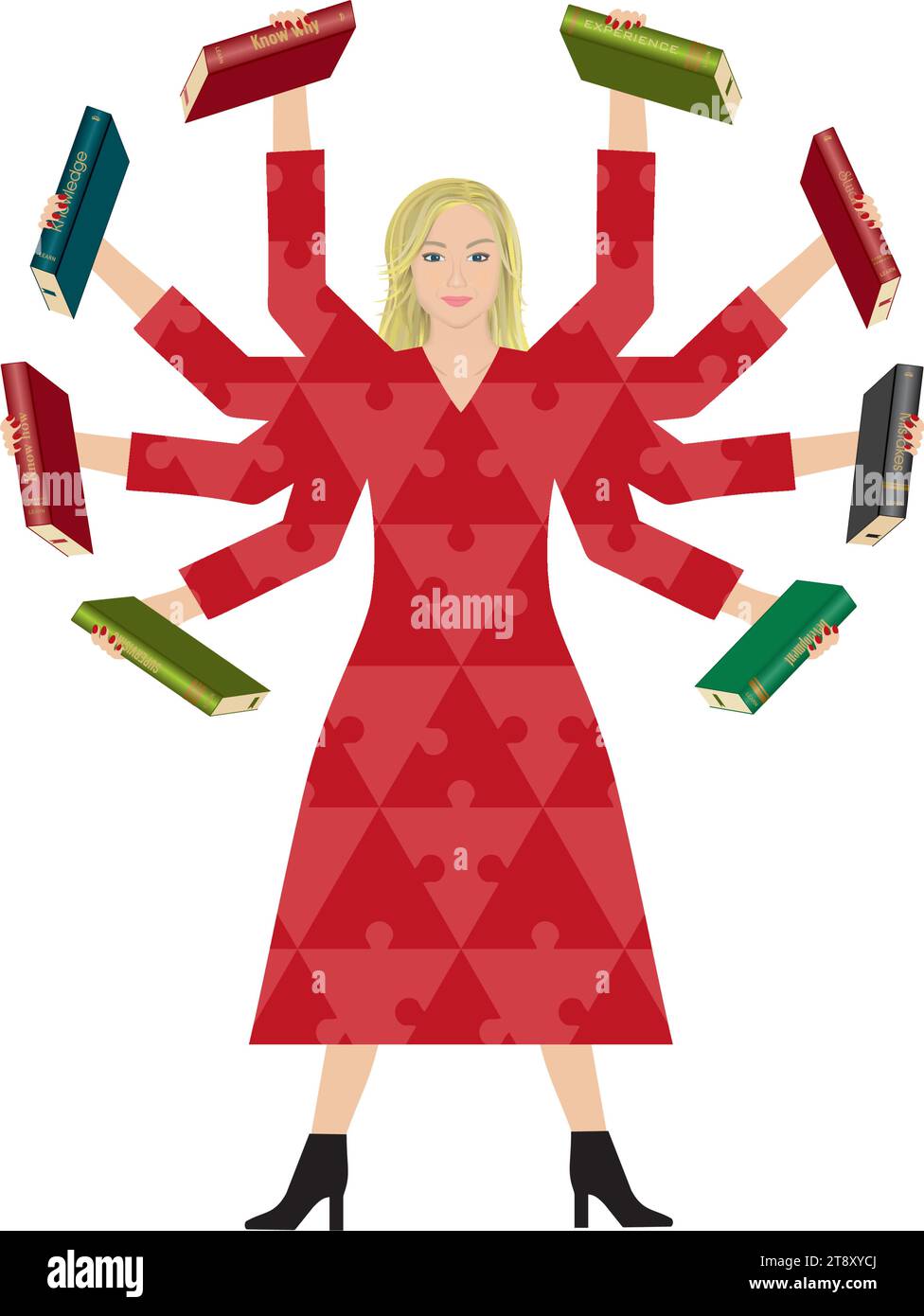 Woman in shiva style with lots of books. Isolated. Vector illustration. Stock Vector