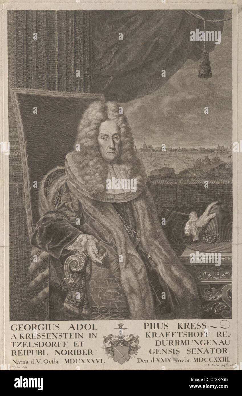 Georgius Adolphus Kress a Kressenstein in Krafftshof Retzelsdorff et Dürrmungenau Reipubl Noribergensis Senator. NAtus d. V. Octbr. MDCXXXVI. (...)', Johann Wilhelm Windter (1696-1765), copper engraver, 1726, paper, copperplate engraving, height 44, 9 cm, width 29, 1 cm, plate size 43, 7×27, 8 cm, inscription, 'P. Decker. delin.', 'I. W. Windter sculpsit. 1726. Nor.', Fine Arts, Estate Constantin von Wurzbach, portrait, man., The Vienna Collection Stock Photo
