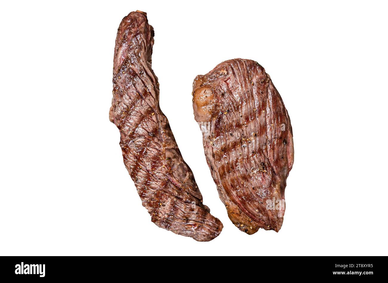 Grilled Sirloin flap or Bavette beef meat steak on a griil with herbs