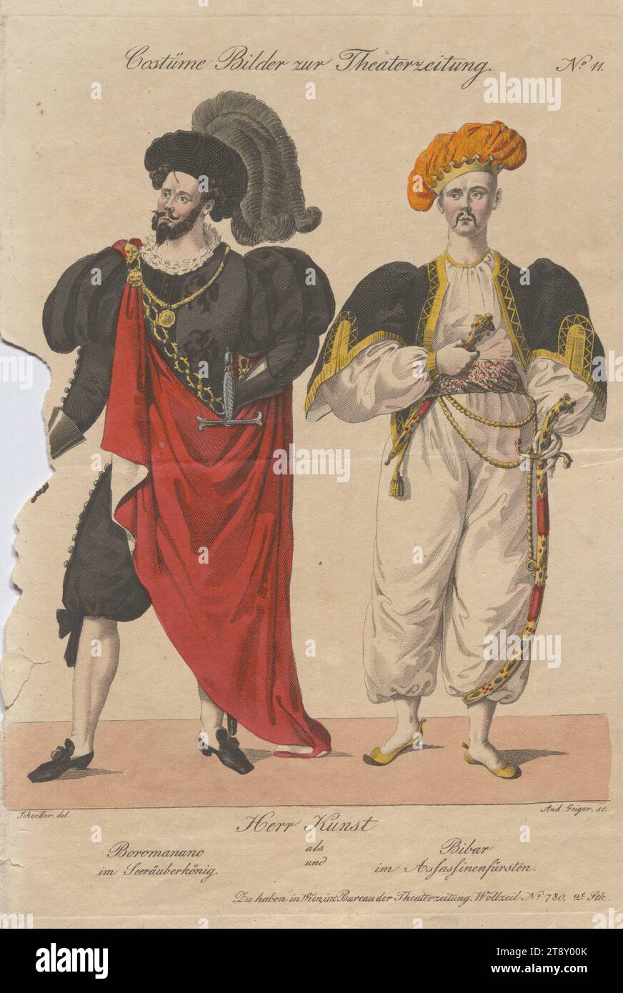 Mr. Wilhelm Kunst as Boromanano in the pirate king and as Bibar the assassin prince (costume picture No. 11 to the theater newspaper), Andreas Geiger (1765-1856), copper engraver, 1833, paper, colorised, copperplate engraving, sheet size 23, 3×16, 1 cm, Theatre, Performing arts, Fine Arts, actor (on the stage), The Vienna Collection Stock Photo