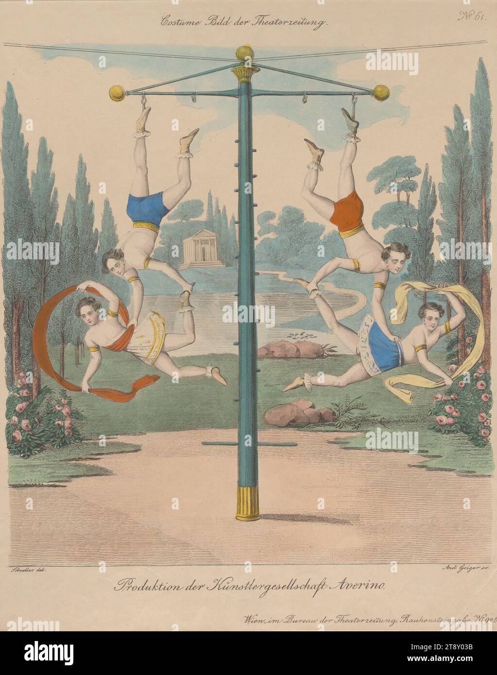 Production of the artist community Averino (costume picture No. 61 for the theater newspaper), Andreas Geiger (1765-1856), copper engraver, 1838, paper, colorised, copperplate engraving, sheet size 27, 6×22, 2 cm, Theatre, Performing arts, Fine Arts, actor (on the stage), The Vienna Collection Stock Photo