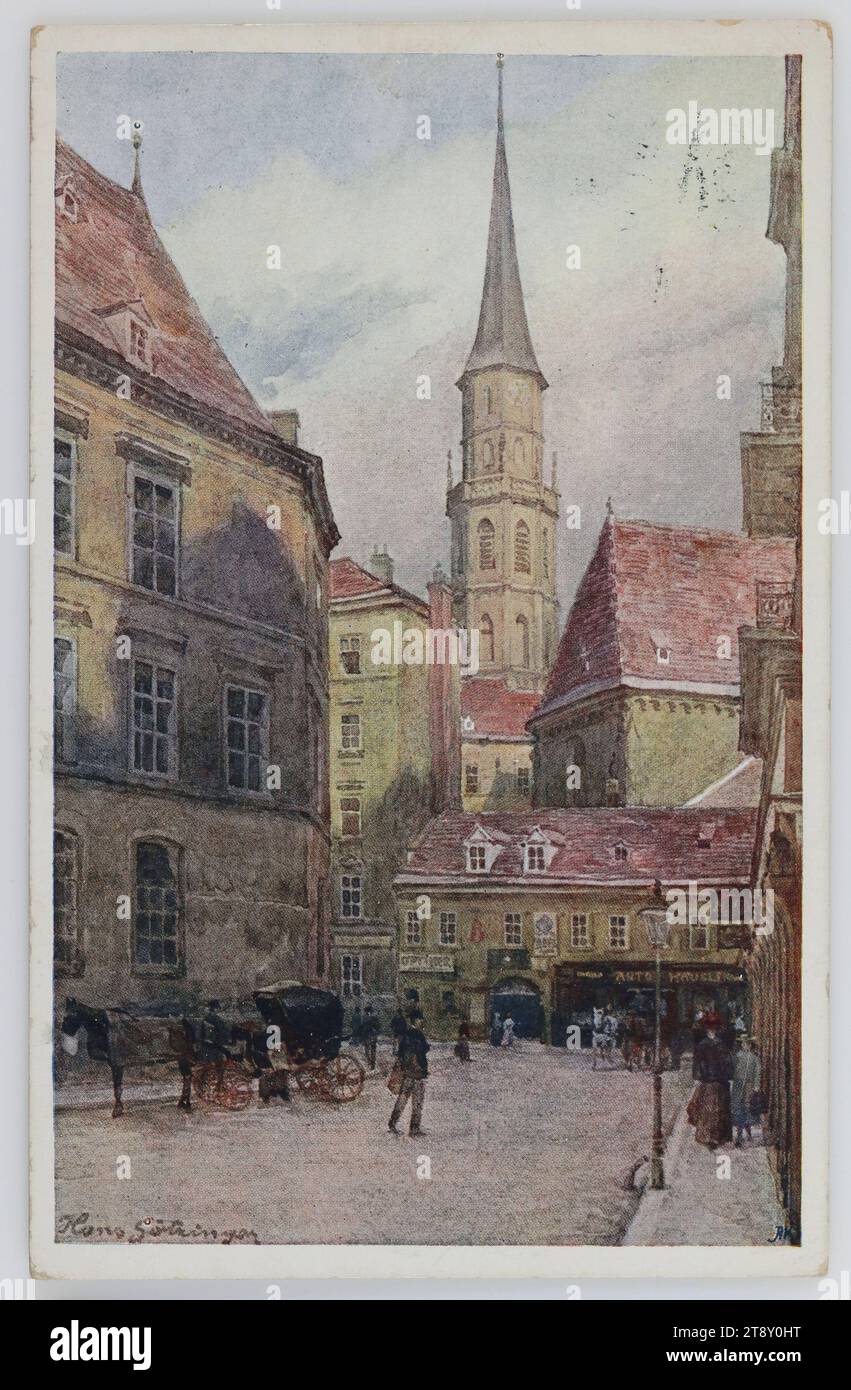 Vienna. Michaelerkirche, 1910, coated paperboard, halftone print, Media and Communication, Postcards with transliteration, 1st District: Innere Stadt, church (exterior), the usual house or row of houses, street, flat-building, apartment house, house combined with store, with people, four-wheeled, animal-drawn vehicle, e.g.: cab, carriage, coach, street lighting, handwriting, written text, Stallburggasse, Michaelerkirche, The Vienna Collection Stock Photo