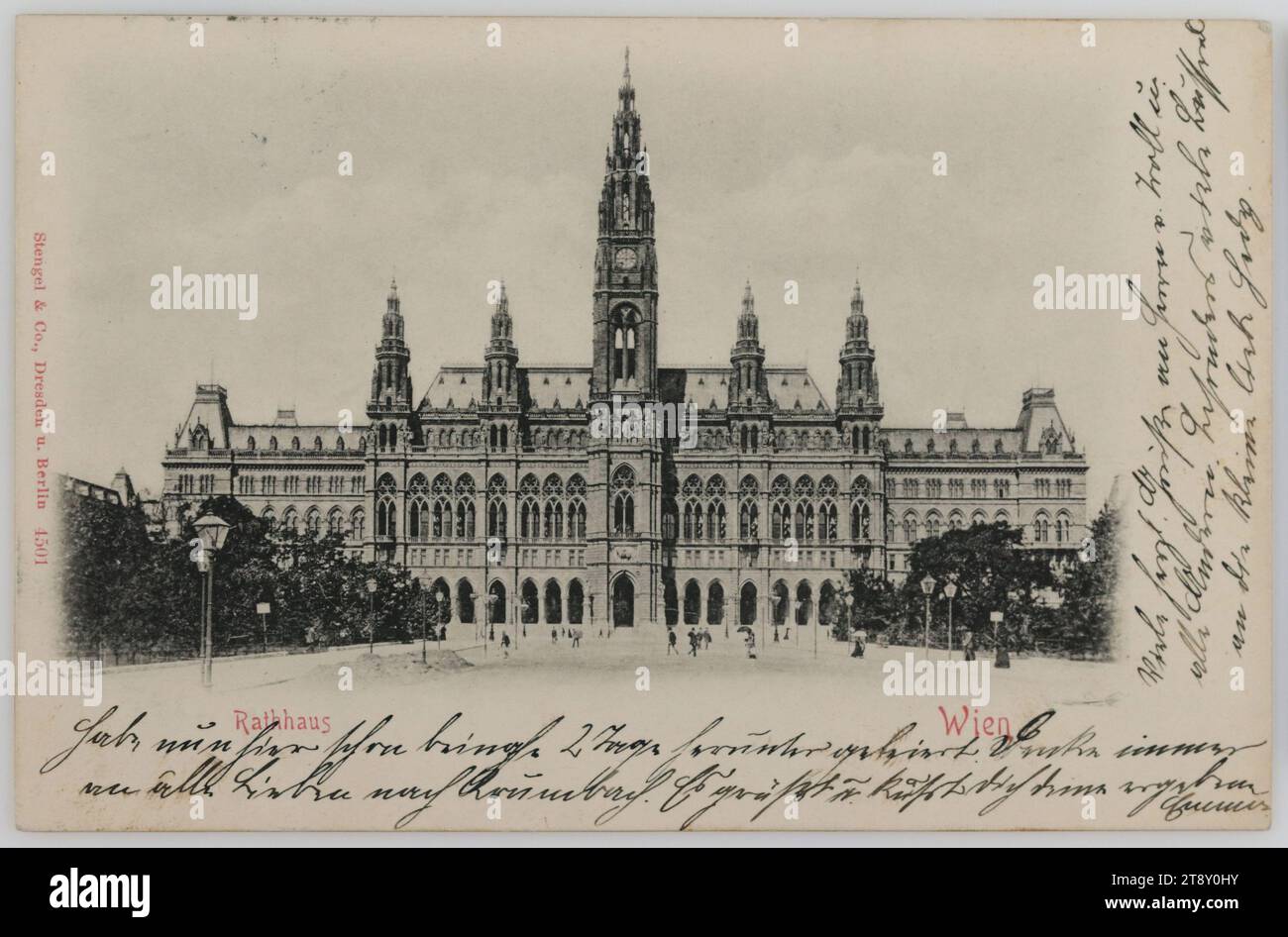 Rathhaus Wien, Stengel & Co., Dresden, Producer, 1901, paperboard, Collotype, Inscription, FROM, Wien, TO, Krumbach, ADDRESS, Hochwolgeboren Frau, Lindenhof, Krumbach bei Edlitz, N. Oest., MESSAGE, Have been reading here for almost 2 days now. Always think of all loved ones to Krumbach. Greetings and kisses from your devoted Emma, Many heartfelt greetings to Mr. Troll and your family. Greetings to Mr. Troll and all others. Especially many kisses to dear little Hedy, Attractions, Ringstraße, Media and Communication, Postcards with transliteration, 1st District: Innere Stadt, townhall Stock Photo