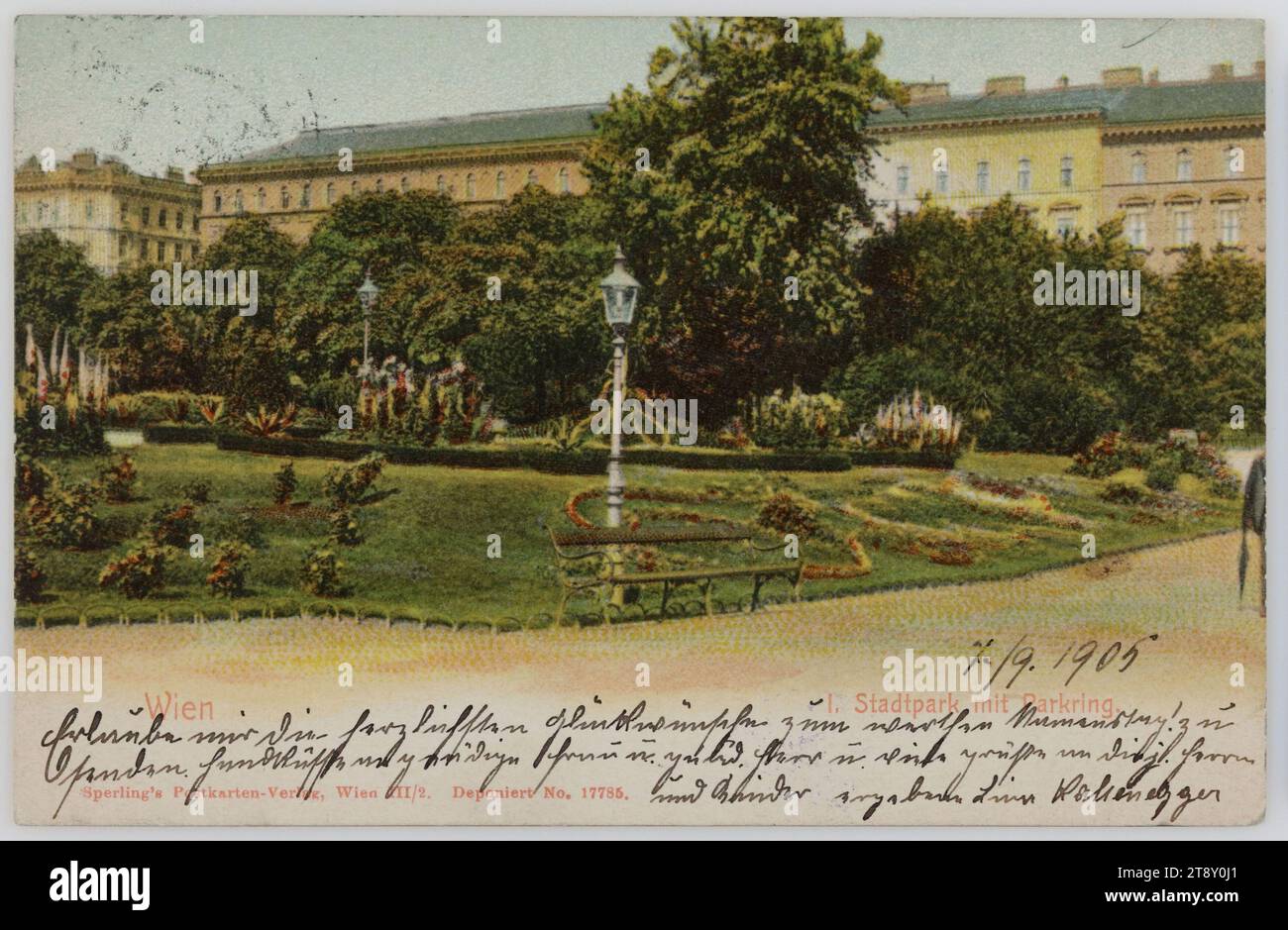 Vienna I. City Park with Parkring, Sperlings Postkartenverlag (M. M. S.), Producer, 1905, coated paperboard, heliochrome print, Inscription, FROM, Vienna, TO, Krumbach, ADDRESS, H. H. Frau Marie, Krumbach a, d. Aspangb., N. Ö., MESSAGE, 7., 9. 1905 Allow me to send the warmest congratulations on the precious name day, hand kisses to gnädige Frau u. gnäd. Lord and many greetings to j. Herrn und Kinder ergebene Lina Kaltenegger, Ringstraße, Park, Media and Communication, Postcards with transliteration, 1st District: Innere Stadt, public gardens, park Stock Photo