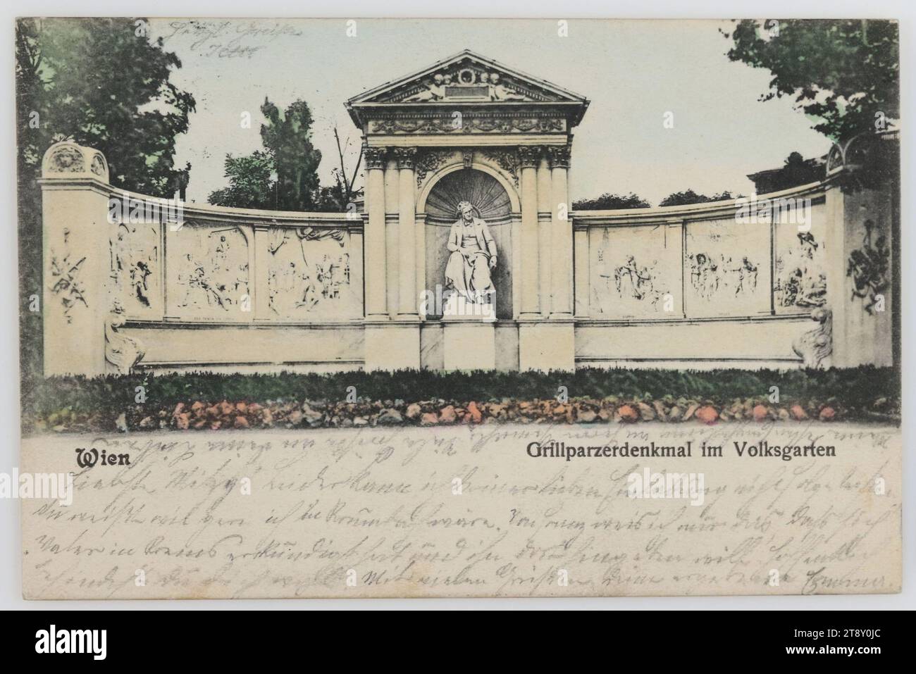 Vienna, Grillparzerdenkmal im Volksgarten, Brüder Kohn KG (B. K. W. I.), Producer, 1902, paperboard, hand colorised, Collotype, Inscription, FROM, Vienna, TO, Krumbach, ADDRESS, Hochwolgeboren, Frau, Krumbach, bei Edlitz Nied. Oest, Lindenhof, MESSAGE, Dearest Mitzy! Unfortunately, I cannot accept your kind invitation. You know how much I would like to be in Krumbach. All I know about Franz is that father has made inquiries in Krems and wants to send him there. I hope you are well. With many greetings from your most devoted Emma Stock Photo