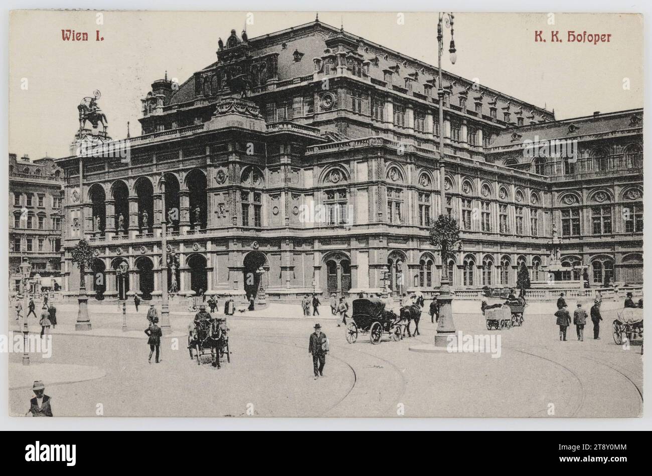 Vienna I. K.K. Hofoper, Khegam Amatouny (A. W.?) (1877-1948), Producer, 1910, paperboard, Collotype, Inscription, FROM, wien, TO, Wien, ADDRESS, Hochwohlgeboren, Marokkanergasse. 19th, Vienna. III, 3rd, MESSAGE, 20.II.10., Madam, It will be a great pleasure for me to avail myself of your kind invitation for next Wednesday, With the greatest respect, [signature], Music, Theatre, Attractions, Ringstrasse, Media and Communication, Postcards with transliteration, 1st District: Innere Stadt, opera house, street lighting, with people, four-wheeled, animal-drawn vehicle, e.g.: cab, carriage, coach Stock Photo