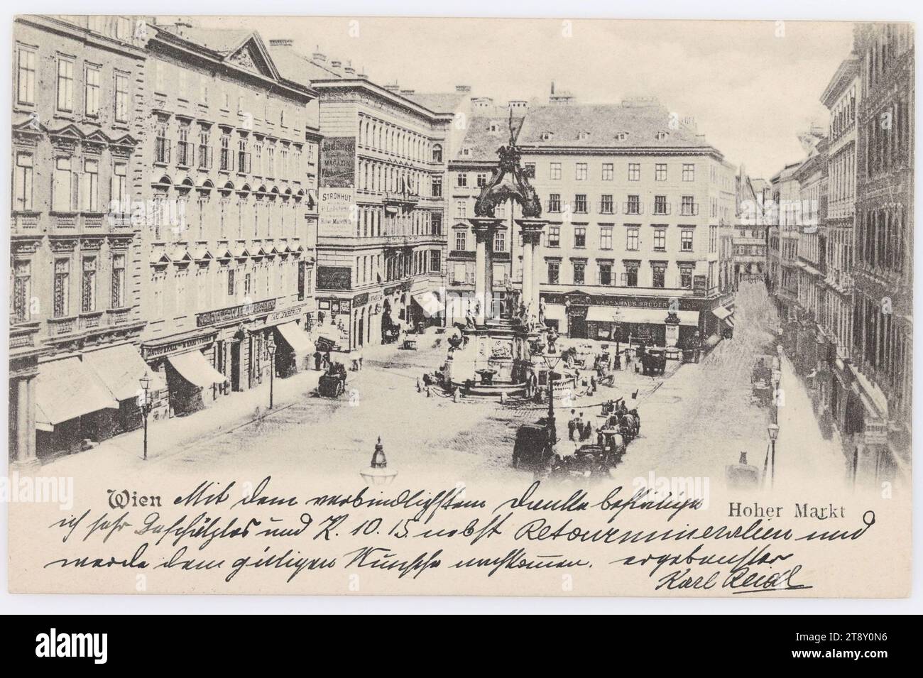 Vienna, Hoher Markt, publisher Anton Böhm, Vienna (A. B. & Co., Vienna), Producer, 1911, paperboard, Collotype, Inscription, TO, Vienna, ADDRESS, Hochwohlgeboren, Herr [..], Vienna III, Marokanergasse 19., MESSAGE, With the most obliging thanks I confirm very much appreciated and K. 10. 15. together with return minerals and will comply with the kind wish. Karl Reidl, Media and Communication, Postcards with transliteration, 1st District: Innere Stadt, ornamental fountain, sculpture, the usual house or row of houses, flat-building, apartment house, house combined with store, with people Stock Photo