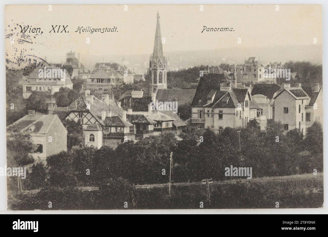 19th, Panorama of Heiligenstadt, picture postcard, Sperlings Postkartenverlag (M. M. S.), Producer, 1913, paperboard, Collotype, Inscription, FROM, Vienna (19th), TO, Krumbach (NÖ), ADDRESS, Hochgeboren, Frau, Krumbach, N. Öst, Aspangbahn, MESSAGE, Just learned that Erich's last exam, passed and turned out well, congratulations. He will be with us tonight. I am sorry for all of you, because of the terrible weather; I only hope that everything is well with you. We are glad to be in Vienna, although it looks bleak here, too. Please greet the children warmly and give yourself a hug Stock Photo