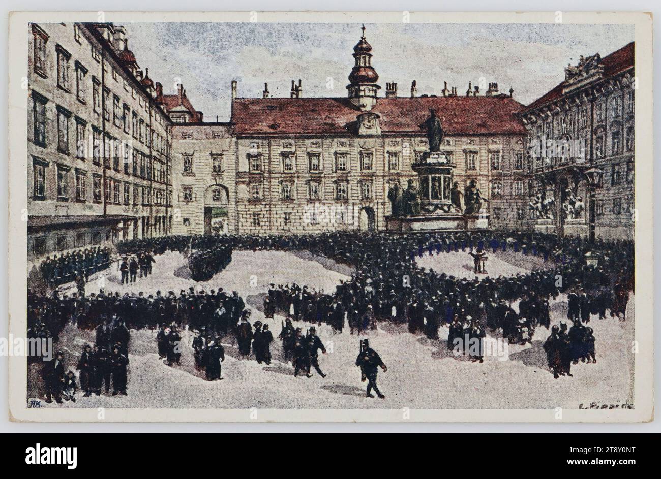 Vienna. - Burgplatz with changing of the guard, 1912, coated paperboard, halftone print, height×width: ca. 9×14 cm, Inscription, FROM, Vienna, TO, Krumbach, ADDRESS, An Wohlgeborene, Frau, [..][..], Gutsbesitzers-Gattin [..], Krumbach, bei Edlitz, a.d. Aspangbahn, MESSAGE, Dear Madam, If it is nice on Friday and we are not inconvenient for you, we want to keep our promise and come to Krumbach, since Hans still likes to come with us and Saturday already has to go to Kalksburg, However, if you prefer next week, please write to me in Seebenstein Stock Photo
