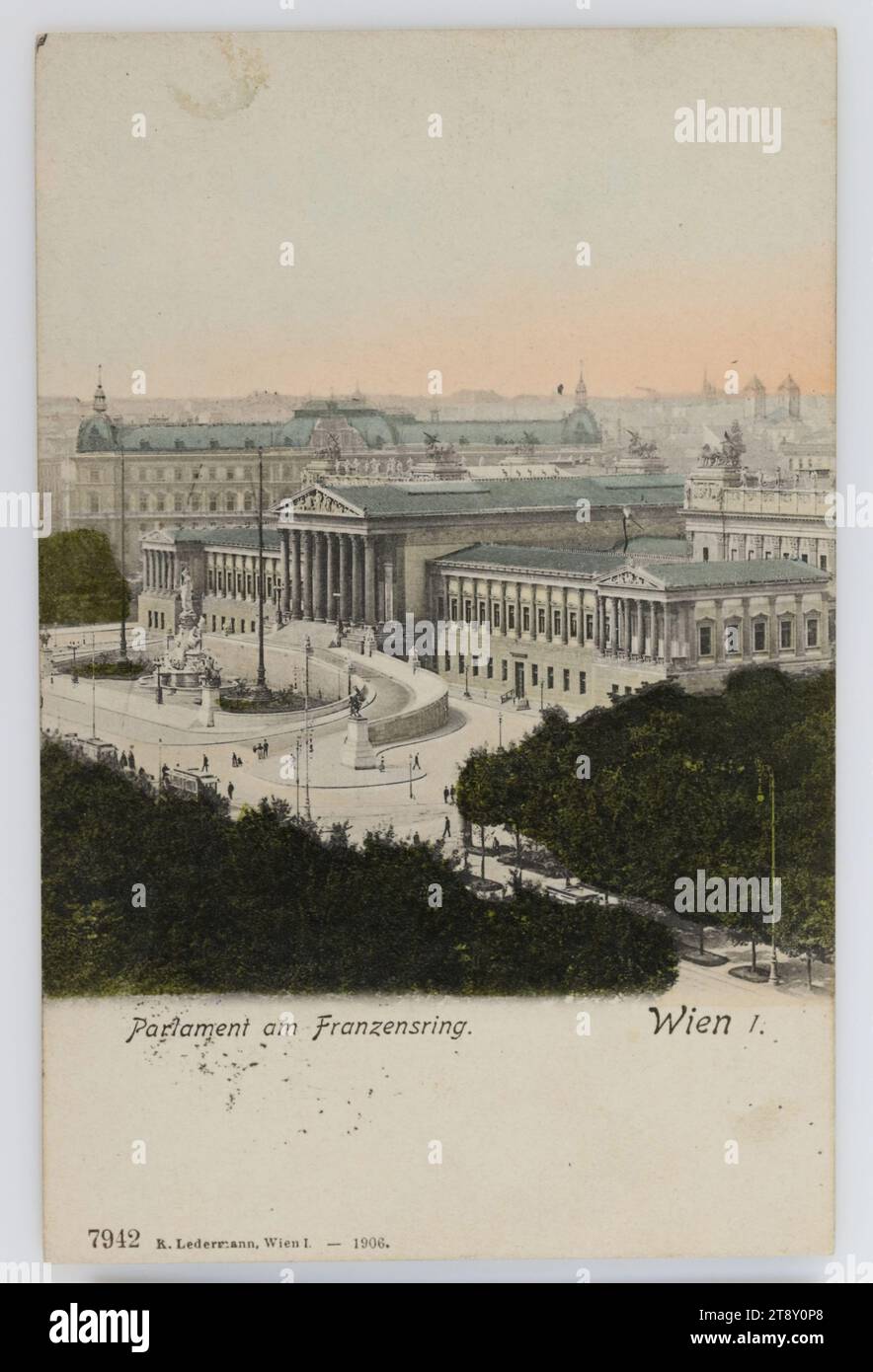 Parliament on Franzensring. Vienna I., Carl (Karl) Ledermann jun., Producer, 1906, paperboard, hand colorised, Collotype, Inscription, FROM, Kalksburg, TO, Krumbach, ADDRESS, An Wohlgeb., Herr, [Name], stud.gym., in Krumbach, Station Edlitz, Aspangbahn, N.Ö., MESSAGE, Dear friend!, You must not be angry, but I had no time to write to you until now. You will receive a photograph of me soon, nothing has changed in the college, only Father Wimmer is leaving for Maria-Schein as a professor. Director is P. Hoeller, For the rest, your faithful friend [signature], Attractions Stock Photo