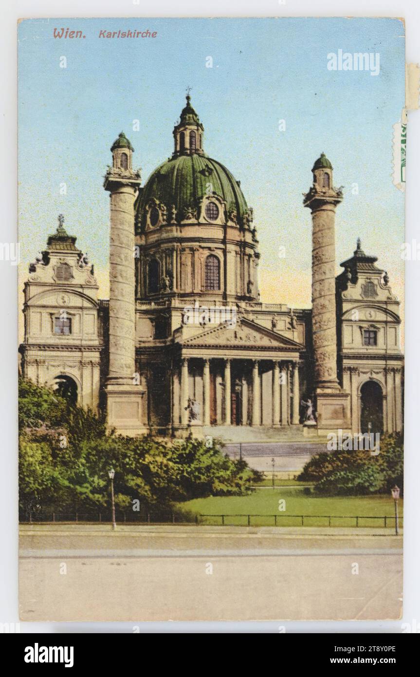 4th, Karlsplatz - Karlskirche, picture postcard, Deutsch's Postkartenverlag, Producer, Photocrom. C. L. I. (Carl Lampe Innsbruck), Producer, 1910, coated paperboard, photochrom, Inscription, FROM, Wien, TO, Krumbach, ADDRESS, Hochgeboren, Frau, Gutsbesitzers-Gattin, Krumbach a. d. Aspangb., Villa Lindenhof, MESSAGE, Sehr geehrte gnädige Frau!, Bitte meine herzlichsten und sartigsten Glück und Segenswünsche zum werten Namensfeste annehmen! I am at the train station and will be going to Hainburg for a few days. Many hand kisses and affectionate greetings to all devoted [name] Stock Photo
