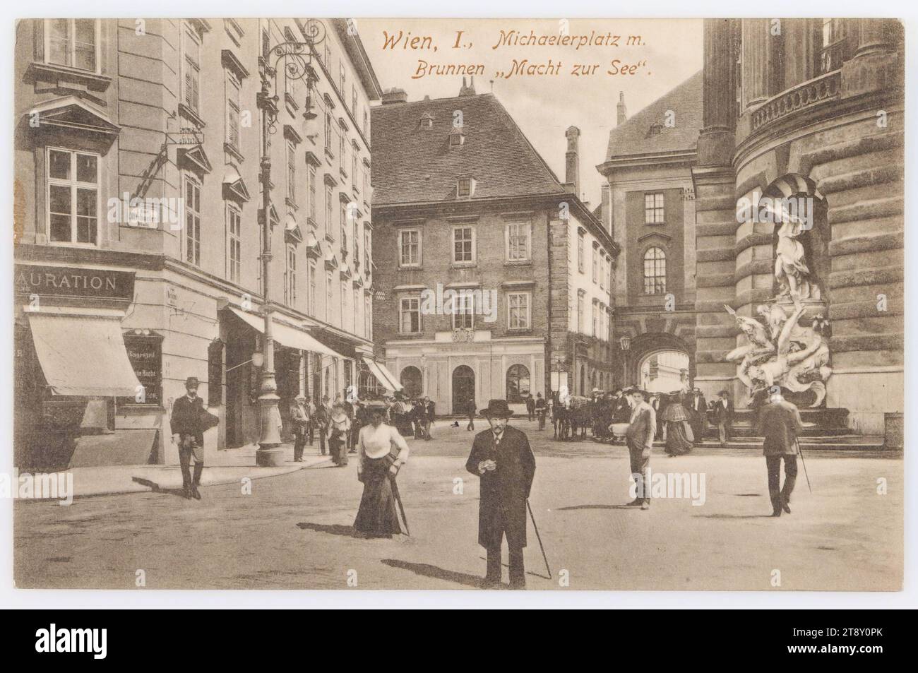 Vienna, I., Michaelerplatz m. fountain 'Macht zur See', Wolf, Vereinigte Kunstanstalten, Vienna, Producer, 1909, paperboard, Collotype, Inscription, FROM, Krumbach, TO, Krumbach, ADDRESS, Wohlg., Frau, ., Krumbach, bei Edlitz, 'Lindenhof', N.&lsquo;Öst., MESSAGE, Dear, l., gnädige Frau!, Herzl. Thanks f. your l. Letter! After a temporary relief of the pain, probably thanks to the stronger powders, the pain comes back again and again. During the day, my poorest nursing mother is out of bed, her appetite is very low, there is a fever... Now there is still such a beautiful September sun, no Stock Photo