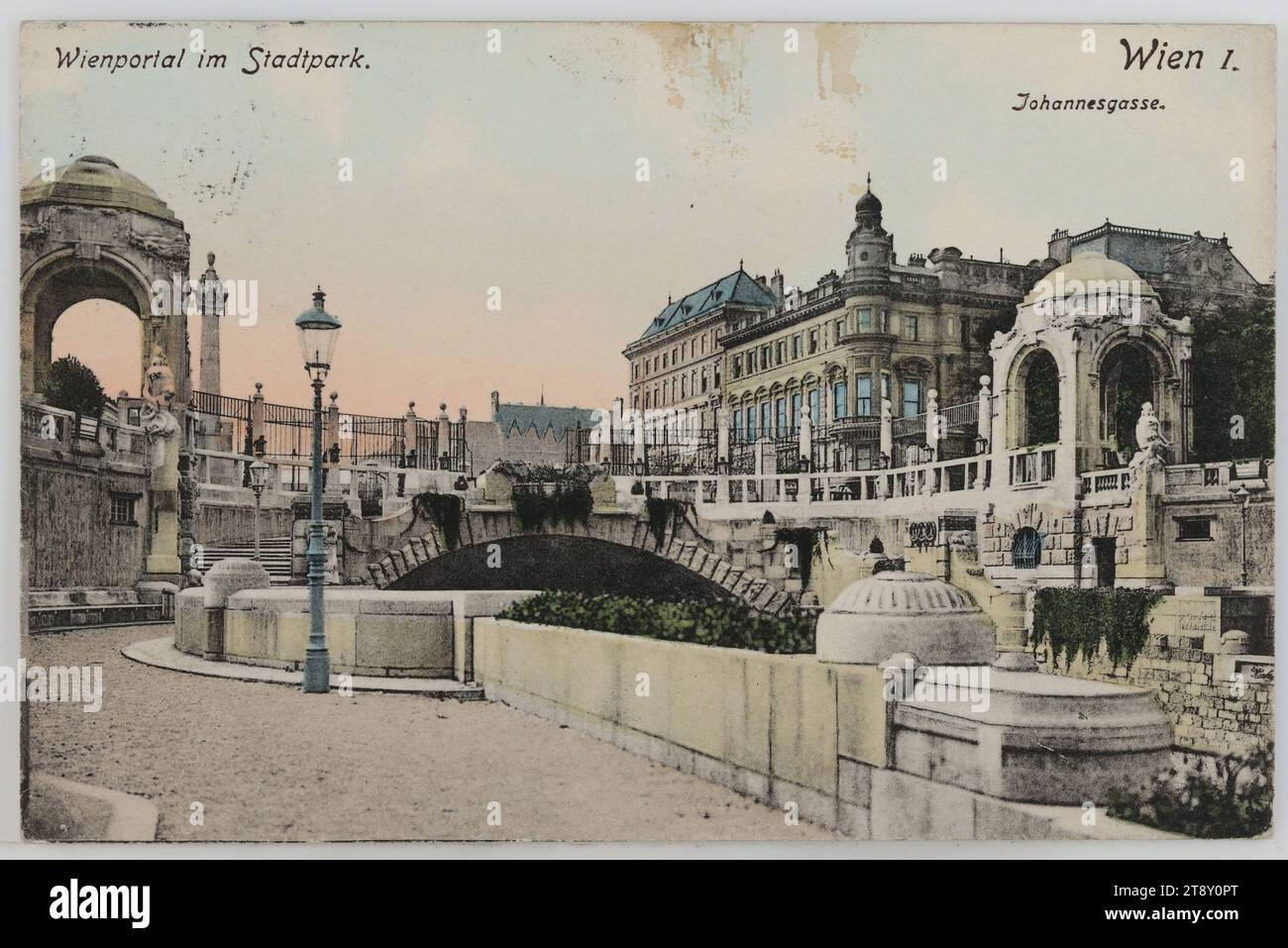 Wienfluss - im Stadtpark - Blick gegen Wienflussportal, picture postcard, Carl (Karl) Ledermann jun., Producer, 1908, paperboard, hand colorised, Collotype, Inscription, FROM, Wien, TO, Kalksburg, ADDRESS, Herr, [...], [...], Convikt, Convikt Kalksburg, MESSAGE, Dear Bruno!, on your birthday I send you my warmest congratulations, especially for the near future, Aunt Johanna is in Linz for a short time. Yesterday I took Bernhard and Hedwig for a walk, they are having a nice time now. Hopefully Werner is already feeling better. Greetings to you all from [...] [...], River Wien, Park Stock Photo