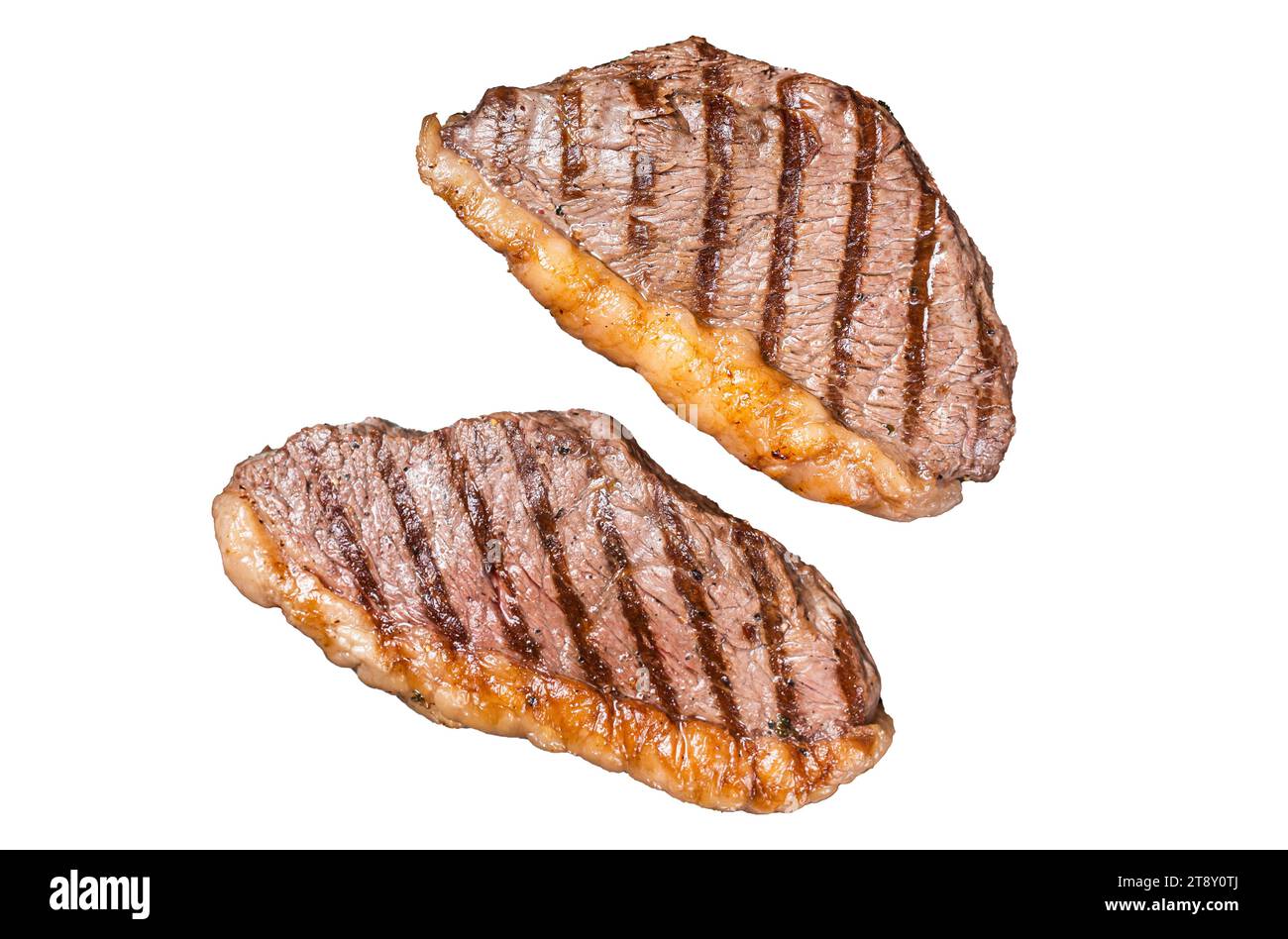 BBQ Grilled top sirloin steak, cup rump beef meat steak in a steel tray. Isolated, white background Stock Photo