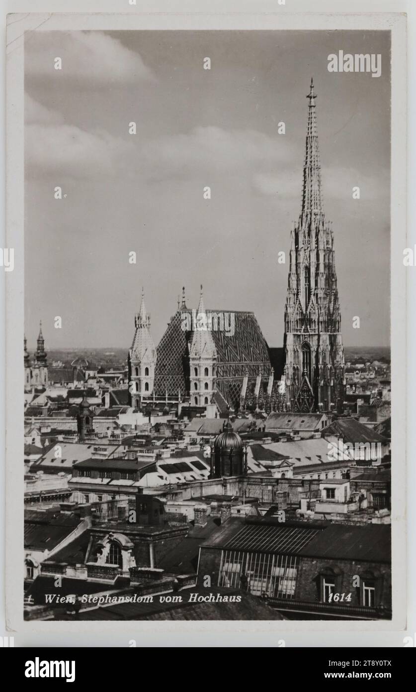 Vienna, Stephansdom vom Hochhaus, Verlagsanstalt 'Grapha' Vienna, Producer, 1939, paperboard, gelatin silver paper, Inscription, FROM, Vienna, TO, Vienna, ADDRESS, Vienna III, Marokkanerg. 19, MESSAGE, Dear Bernhard! Thank you, very sincerely for your, dear wishes and also, for the charming picture, from Murau - I have, great joy about it!!!, [Gottlob] is it me and the, child well and I may, tomorrow to Mutti to, Hütteldorf. Much love, se [name] 15.X.39, St. Stephen's Cathedral, Attractions, Media and Communication, Postcards with transliteration, 1st District: Innere Stadt Stock Photo