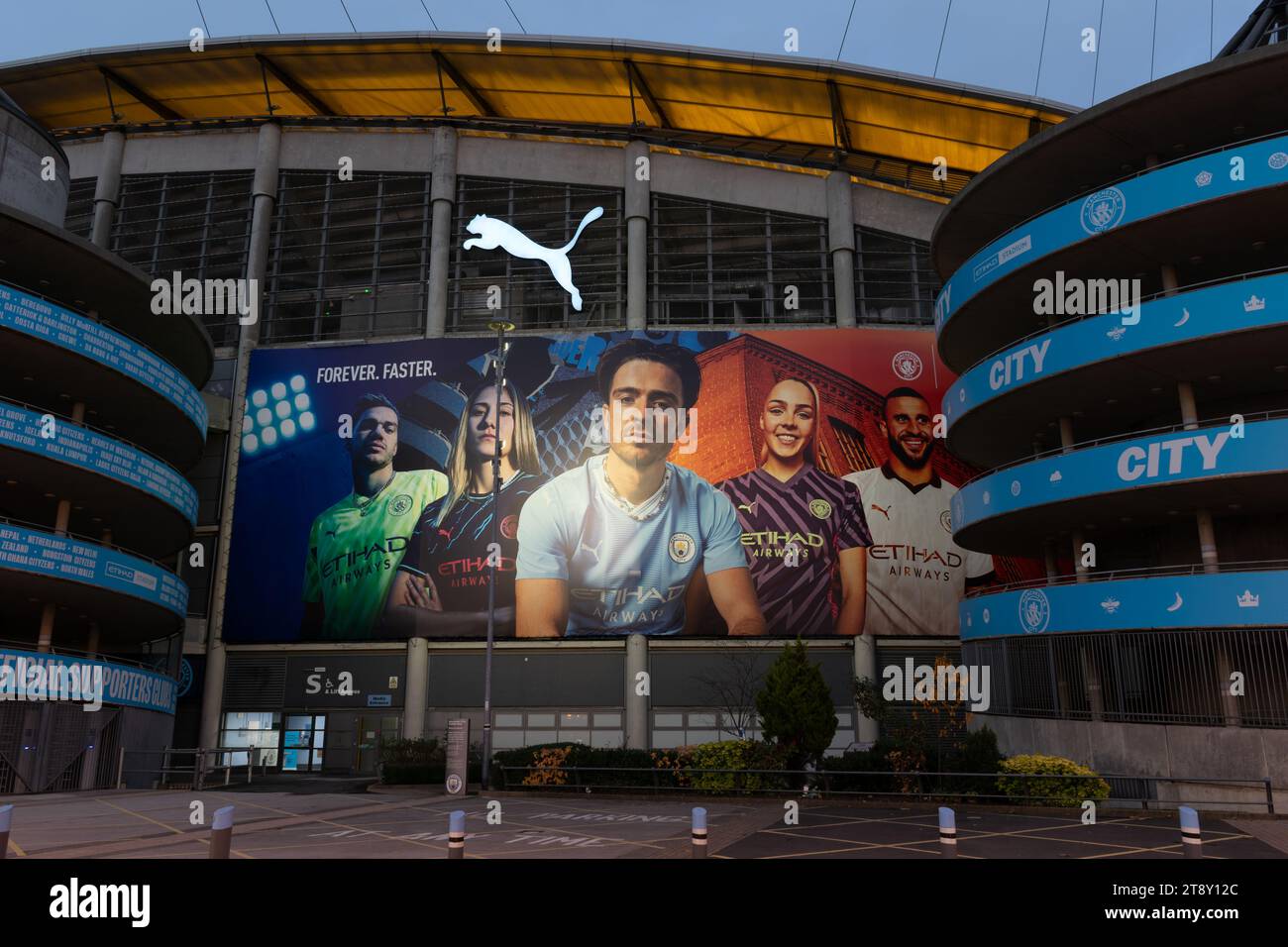 Manchester City Etihad Stadium. Poster including Jack Grealish. Puma logo Stock Photo