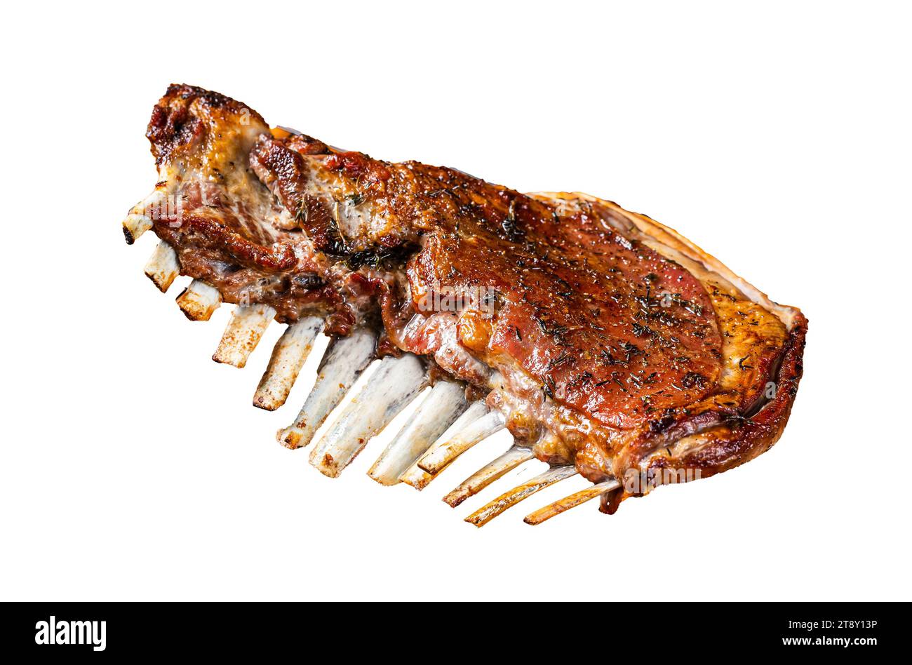 Roast Rack of lamb ribs, spareribs on grill. Isolated, white background