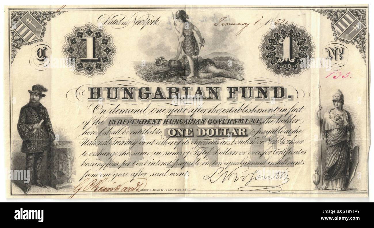 1 Dollar, Hungarian Fund (* 1852), mint authority, 01.01.1852, paper, printing, height×width 104×196 mm, Mint, New York, Mint territory, Austria, Empire (1804-1867), Finance, coat of arms (as symbol of the state, etc.), bank-note, money, The Vienna Collection Stock Photo