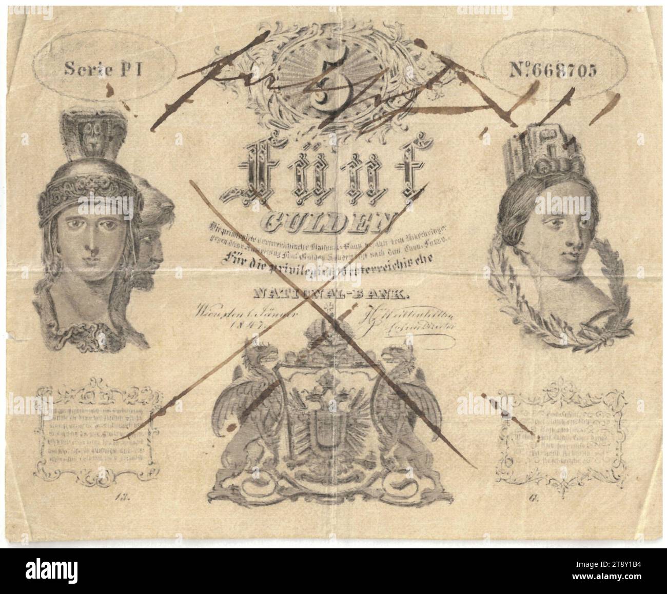 Instruction (counterfeit), 5 florins, Privilegierte Österreichische National-Bank, mint authority, Date after 01.01.1847, paper, printing, height 107 mm, width 131 mm, Mint, Vienna, Mint territory, Austria, Empire (1804-1867), Finance, counterfeit, forgery, coat of arms (as symbol of the state, etc.), woman, helmet, bank-note, money, The Vienna Collection Stock Photo
