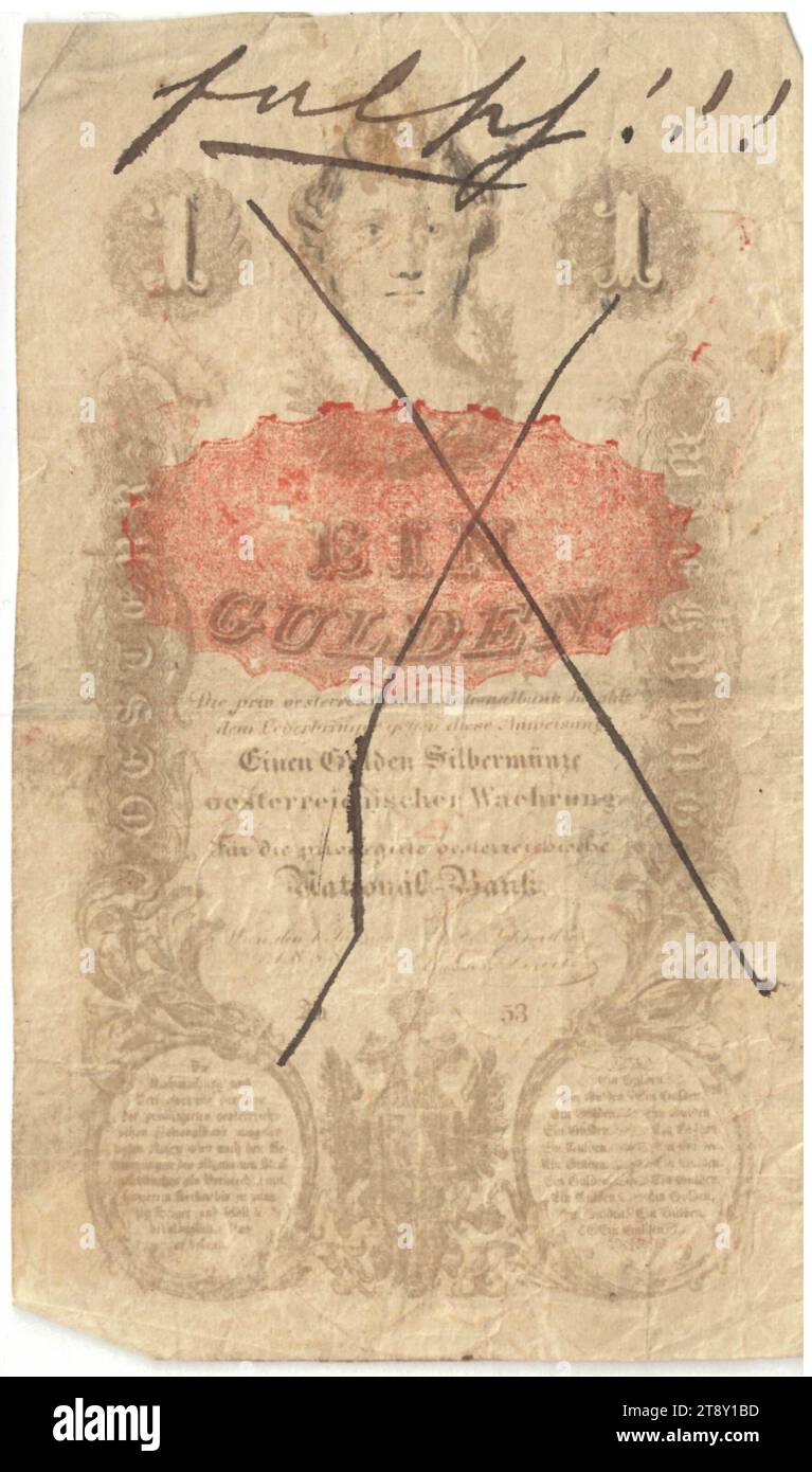 Instruction (forgery), 1 Gulden, Privilegierte Österreichische National-Bank, mint authority, Date after 01.01.1858, paper, printing, height 123 mm, width 73 mm, Mint, Vienna, Mint territory, Austria, Empire (1804-1867), Finance, counterfeit, forgery, woman, coat of arms (as symbol of the state, etc.), bank-note, money, The Vienna Collection Stock Photo