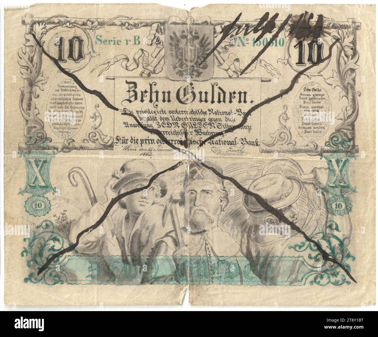 Banknote (forgery), 10 Gulden, Privilegierte Österreichische National-Bank, mint authority, Date after 15.01.1863, paper, printing, width 140 mm, height 114 mm, Mint, Vienna, Mint territory, Austria, Empire (1804-1867), Finance, counterfeit, forgery, working class, laborers, farmers, coat of arms (as symbol of the state, etc.), bank-note, money, The Vienna Collection Stock Photo