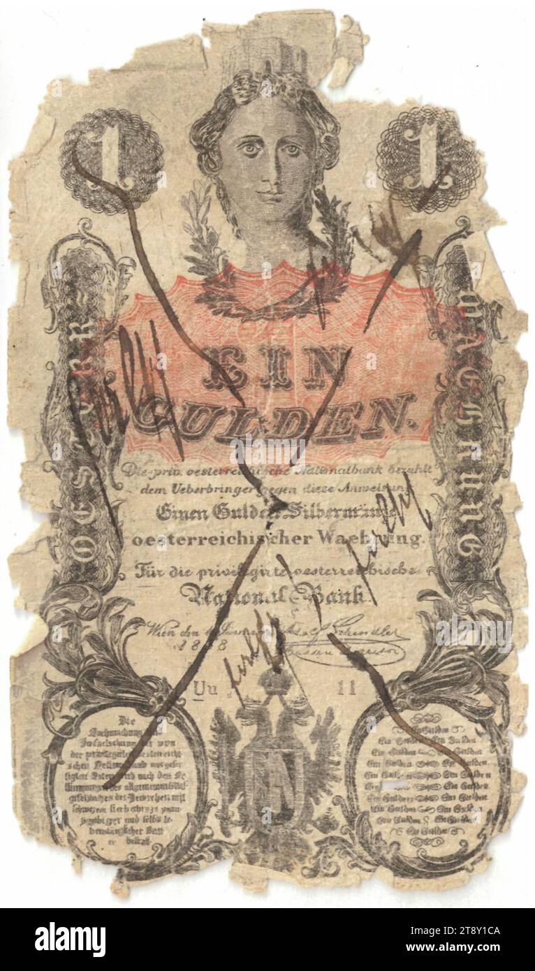 Instruction (counterfeit), 1 Gulden, Privilegierte Österreichische National-Bank, mint authority, Date after 01.01.1858, paper, printing, height 120 mm, width 70 mm, Mint, Vienna, Mint territory, Austria, Empire (1804-1867), Finance, counterfeit, forgery, woman, coat of arms (as symbol of the state, etc.), bank-note, money, The Vienna Collection Stock Photo