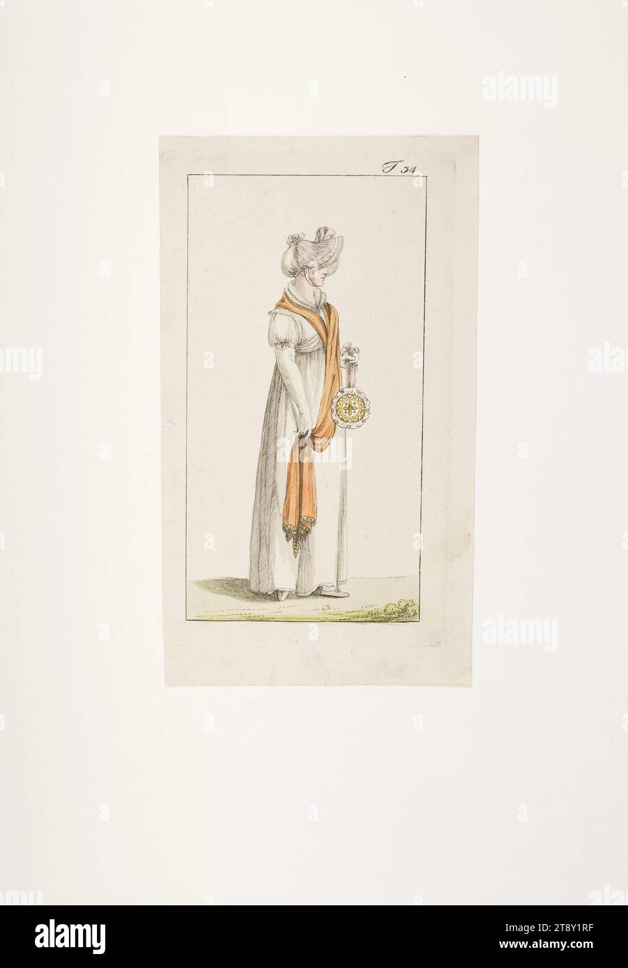 Fashion picture: 'Young lady in negligee (morning suit) with work bag', Unknown, 1805, paper, colorised, copperplate engraving, height 20, 7 cm, width 12 cm, plate size 16, 7×8, 8 cm, Fashion, Bourgeoisie, fashion plates, head-gear, woman, neck-gear  clothing, dress, gown, The Vienna Collection Stock Photo