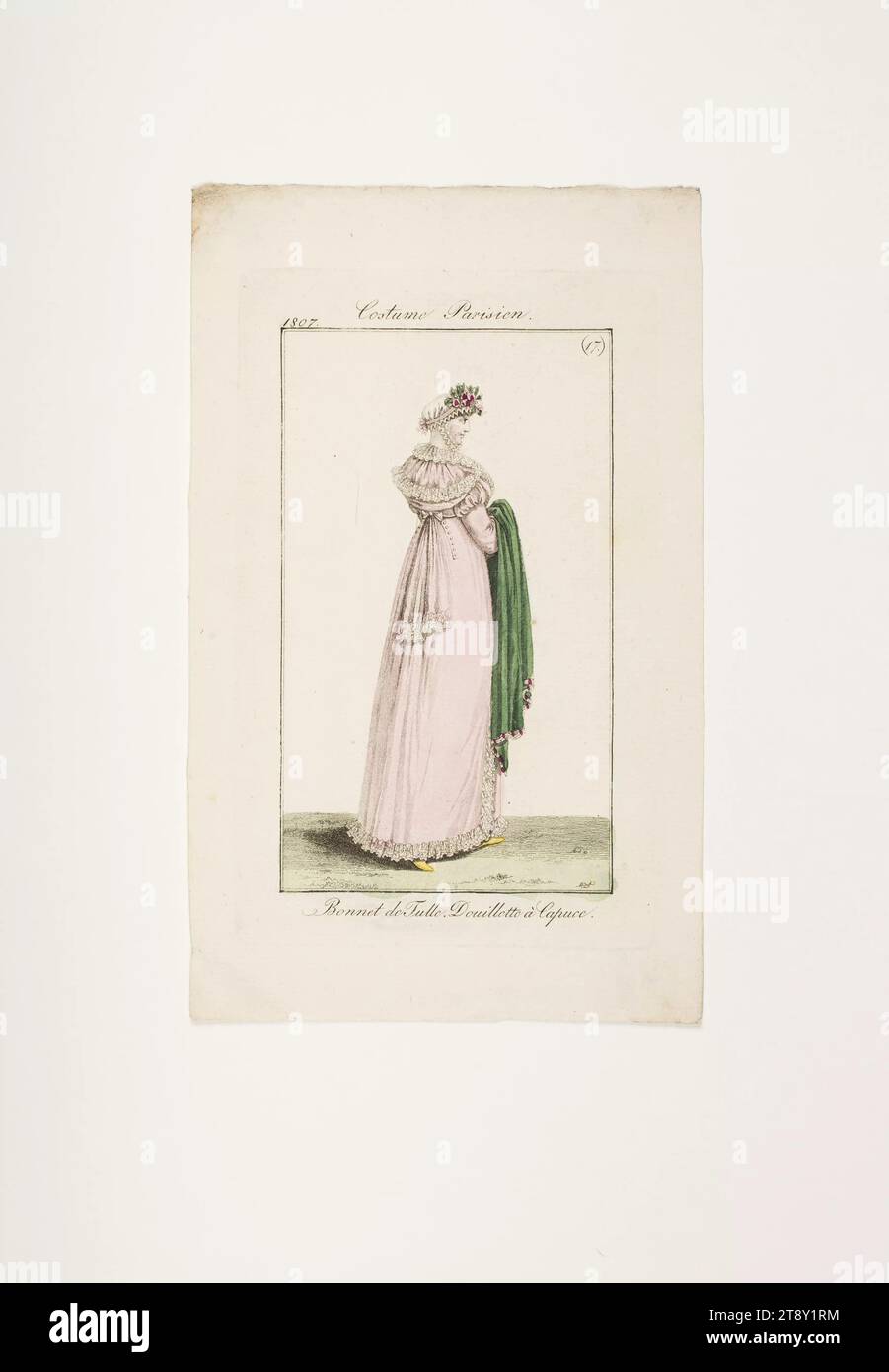 Fashion plate: 'Lady with roses on her cap', Unknown, 1807, paper, colorised, copperplate engraving, height 22 cm, width 13, 5 cm, plate size 15×8, 8 cm, Fashion, Bourgeoisie, fashion plates, head-gear, woman, neck-gear  clothing, dress, gown, The Vienna Collection Stock Photo
