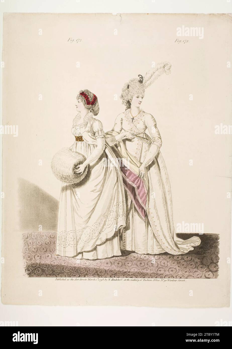 Fashion picture: 'Zwei Damen im Nachmittagsanzug (Afternoon-Dresses)', Unknown, 1798, paper, colorised, copperplate engraving, height 30, 2 cm, width 24, 3 cm, Fashion, Bourgeoisie, fashion plates, head-gear, woman, accessories ( clothing), The Vienna Collection Stock Photo