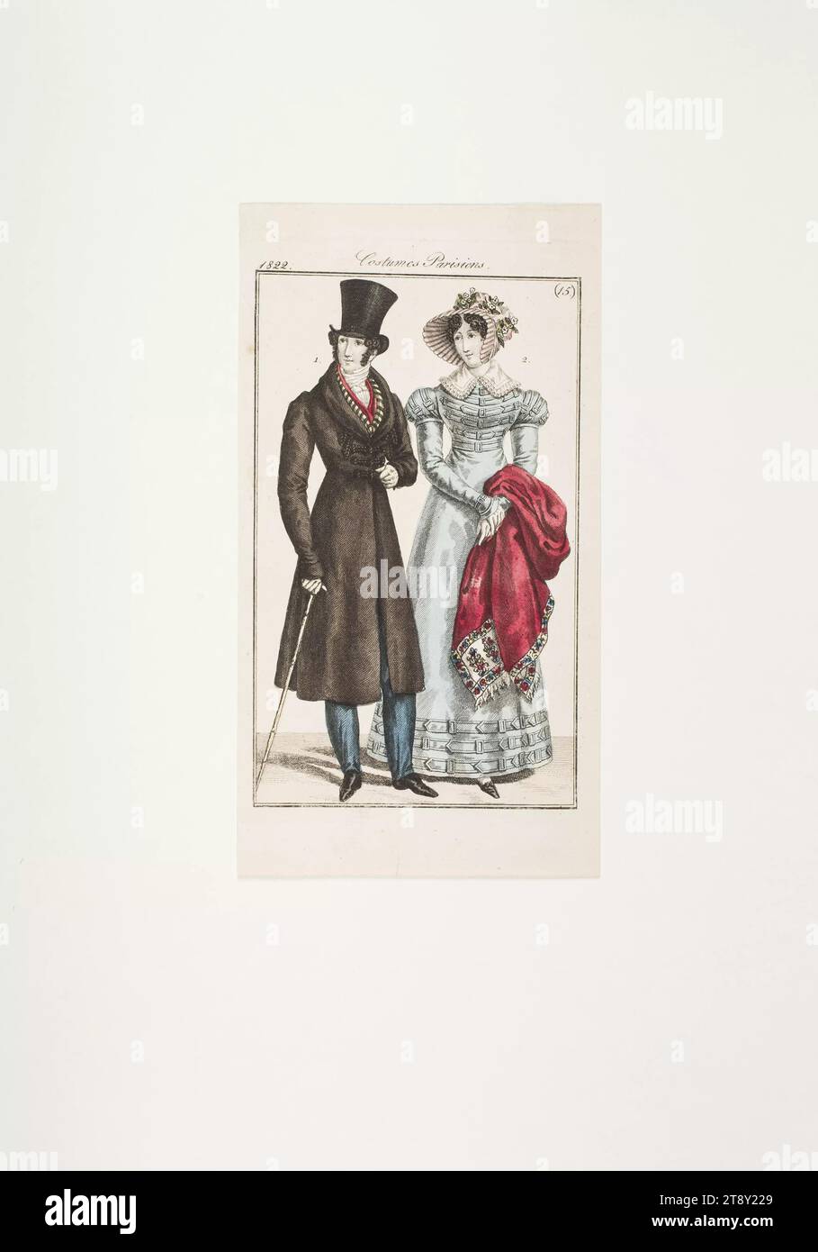 Fashion plate: 'French lady with crepe hat and cape cloth, gentleman with long leggings and bamboo stick', Unknown, 1822, paper, colorised, copperplate engraving, height 19, 4 cm, width 10, 5 cm, plate size 15, 3×9, 3 cm, Fashion, Bourgeoisie, Biedermeier, fashion plates, head-gear, dandy, beau, coat, cape, woman, man, dress, gown, The Vienna Collection Stock Photo