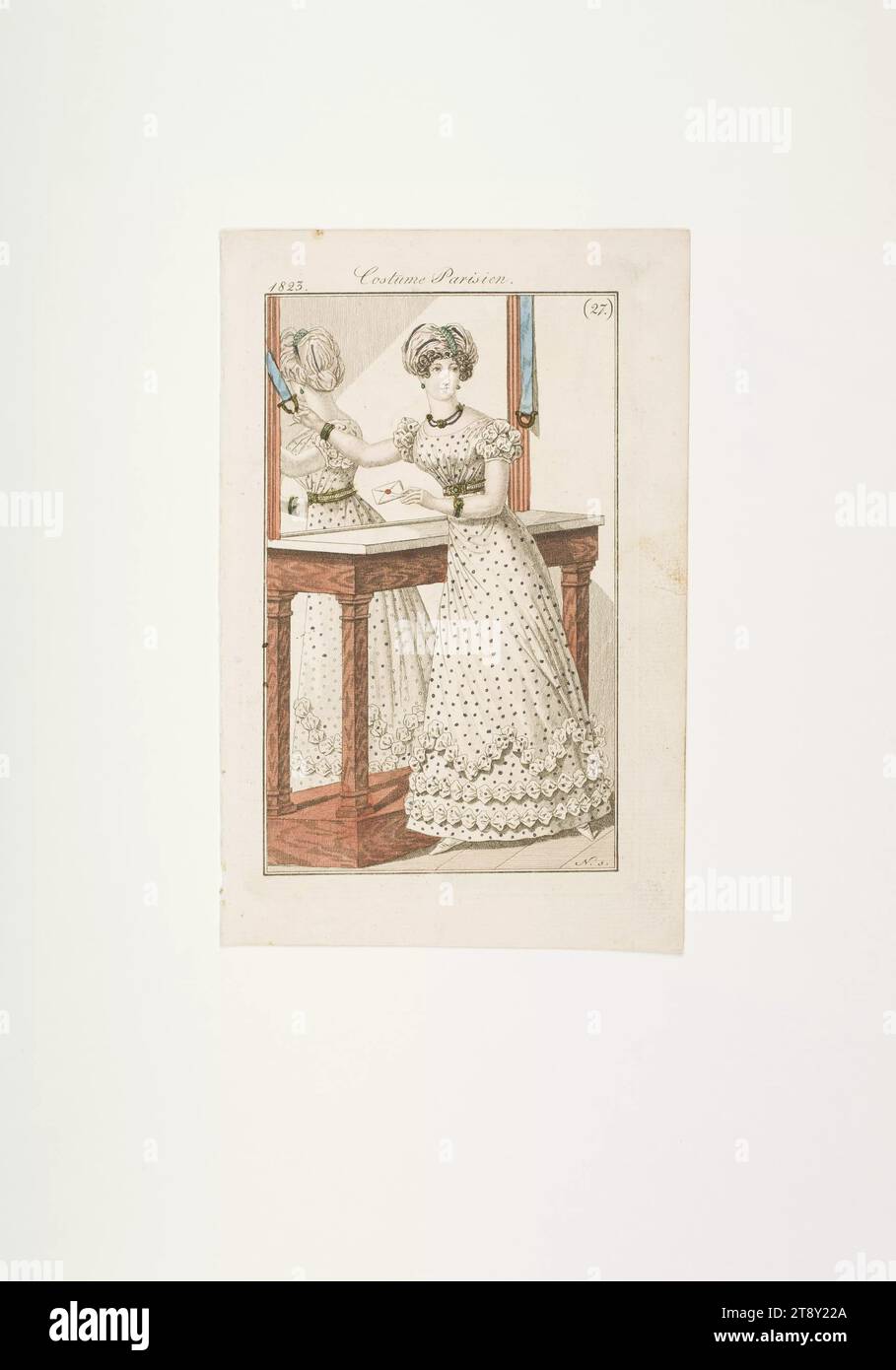 Fashion plate: 'French lady in a formal suit in front of a mirror', Unknown, 1823, paper, colorised, copperplate engraving, height 19 cm, width 12, 4 cm, plate size 15, 2×9, 3 cm, Fashion, Bourgeoisie, Biedermeier, Public Festivals and Celebrations, fashion plates, head-gear, clothes for official occasions, clothes for official occasions, head-gear: turban, woman, dress, gown, The Vienna Collection Stock Photo