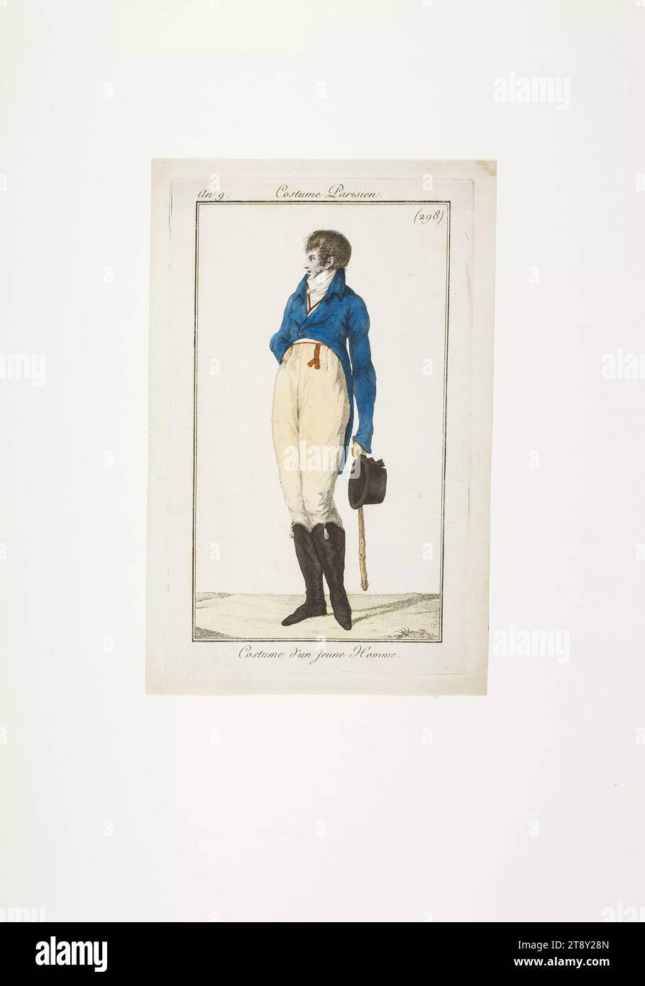 Fashion picture: 'Young man with shillelagh and hat', Unknown, 1801, paper, colorised, copperplate engraving, height 19, 5 cm, width 12, 6 cm, plate size 16×9 cm, Fashion, Bourgeoisie, fashion plates, head-gear, man, The Vienna Collection Stock Photo