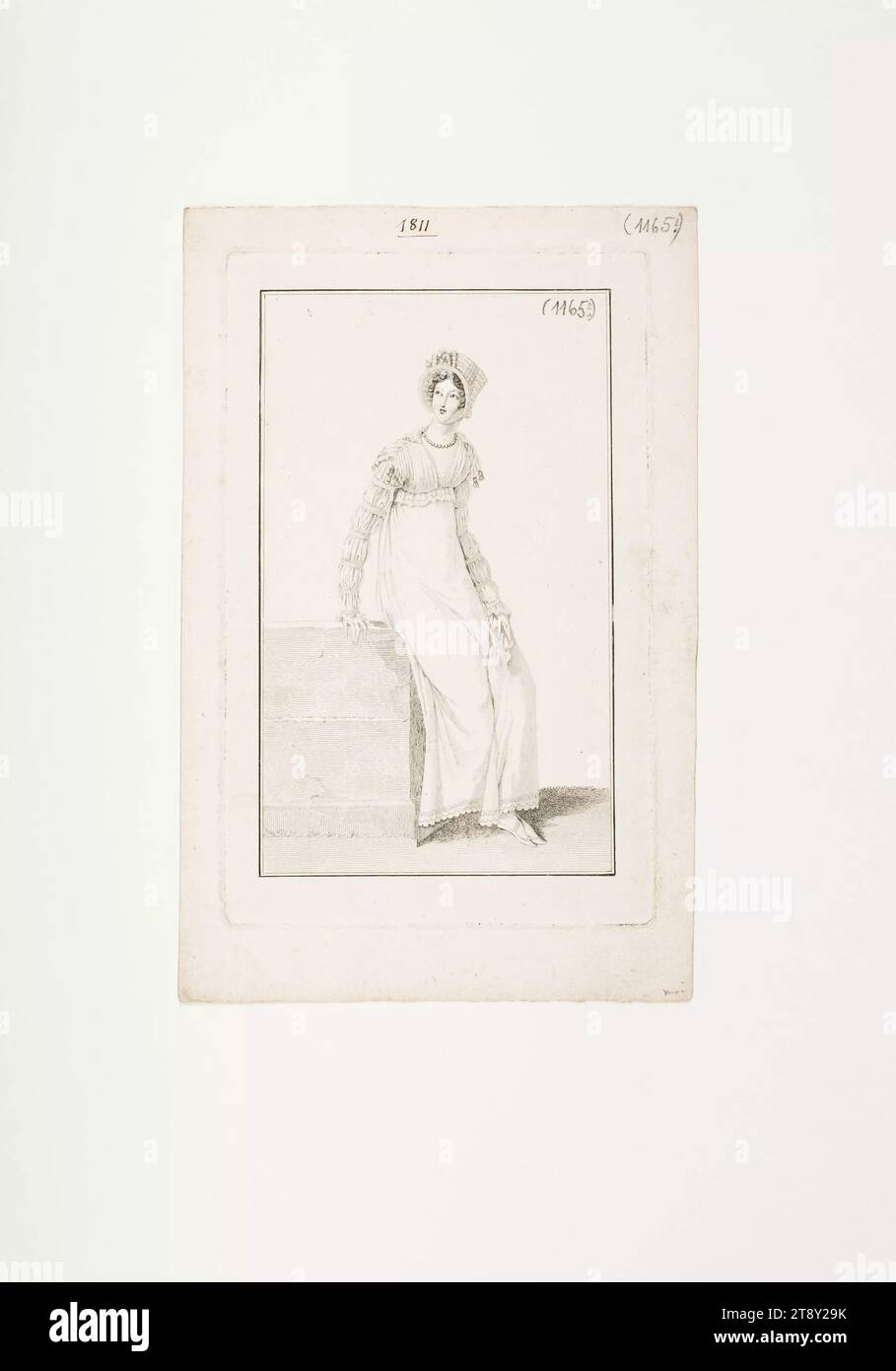 Fashion picture: 'Parisian woman with hat and gown sitting on a stone block', Unknown, 1811, paper, colorised, copperplate engraving, height 20, 9 cm, width 13, 5 cm, plate size 15, 3×9, 4 cm, height: Plate measure 15, 3 cm, width: Plate size 9, 4 cm, fashion, bourgeoisie, fashion plates, head-gear, woman, dress, gown, The Vienna Collection Stock Photo