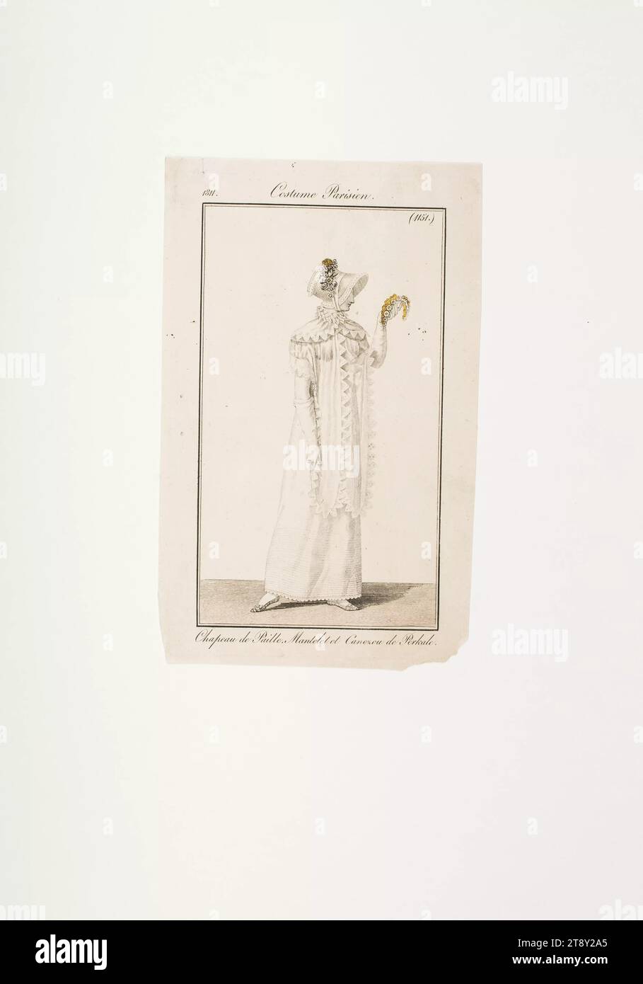 Fashion picture: 'Parisian woman with straw hat, cape and spencer made of percale', Unknown, 1811, paper, colorised, copperplate engraving, height 18, 3 cm, width 11, 4 cm, plate size 15, 5×8, 8 cm, height: Plate measure 15, 5 cm, width: Plate size 8, 8 cm, fashion, bourgeoisie, fashion plates, head-gear, woman, dress, gown, The Vienna Collection Stock Photo