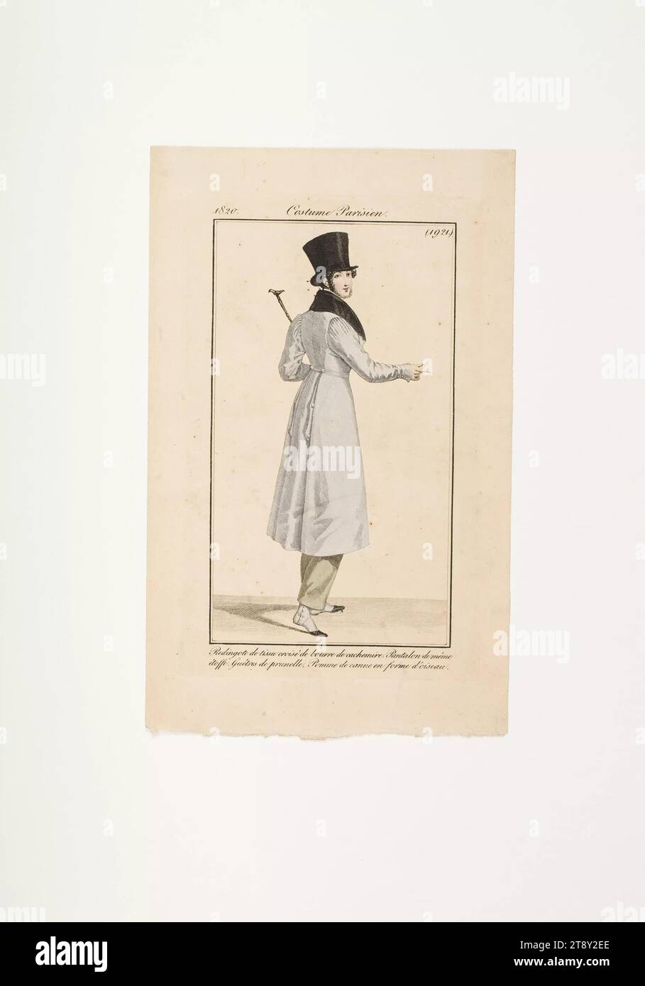 Fashion plate: 'Frenchman with top hat, coat, cane and boots', Unknown, 1820, paper, colorised, copperplate engraving, height 21, 4 cm, width 13, 3 cm, plate size 15, 5×8, 8 cm, Fashion, Bourgeoisie, Biedermeier, fashion plates, head-gear, dandy, beau, coat, man, The Vienna Collection Stock Photo