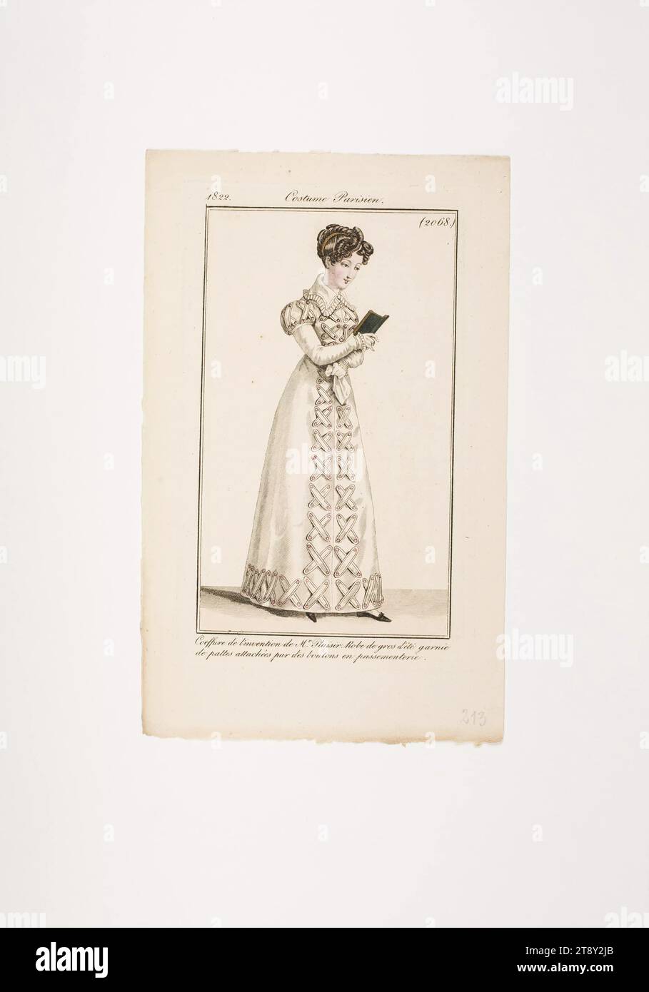 Fashion plate: 'French lady with festive hairstyle reading in a book', Unknown, 1822, paper, colorised, copperplate engraving, height 21, 5 cm, width 13, 2 cm, plate size 15, 5×9, 2 cm, Fashion, Bourgeoisie, Biedermeier, Public Festivals and Celebrations, fashion plates, head-gear, clothes for official occasions, woman, dress, gown, The Vienna Collection Stock Photo