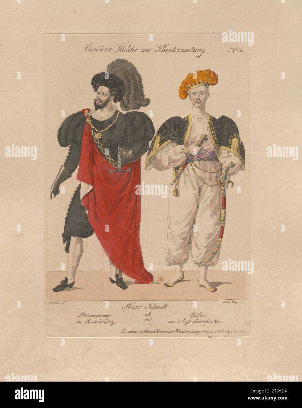 Mr. Wilhelm Kunst as Boromanano in the pirate king and as Bibar the assassin prince (costume picture No. 11 to the theater newspaper), Andreas Geiger (1765-1856), copper engraver, 1833, colorised, copperplate engraving, sheet size 29, 9×23, 3 cm, Theatre, Performing arts, Fine Arts, actor (on the stage), The Vienna Collection Stock Photo