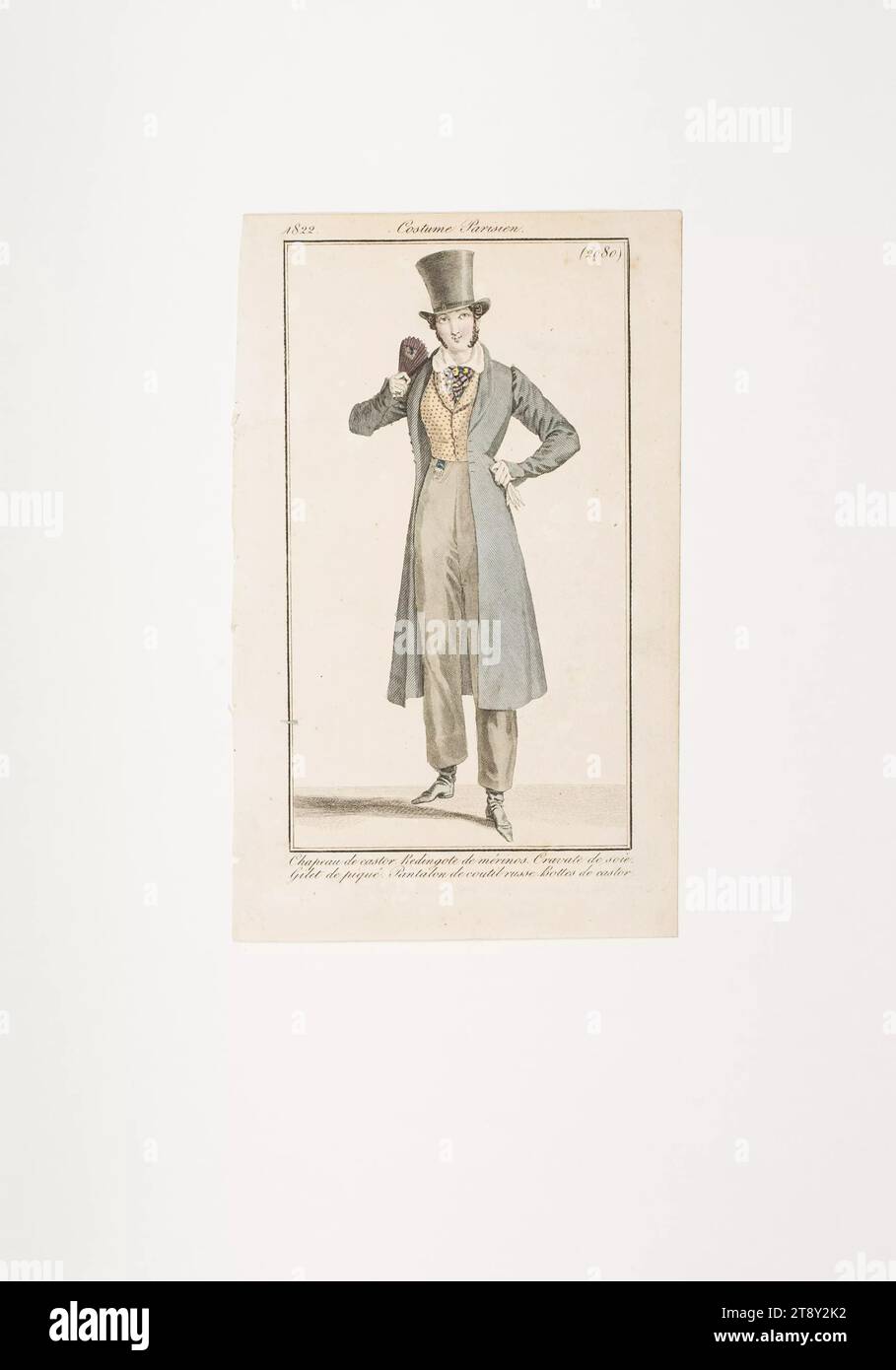 Fashion plate: 'Frenchman with top hat, coat, fan and gilet', Unknown, 1822, paper, colorised, copperplate engraving, height 19 cm, width 11, 5 cm, plate size 16×9 cm, Fashion, Bourgeoisie, Biedermeier, fashion plates, head-gear, dandy, beau, coat, man, The Vienna Collection Stock Photo
