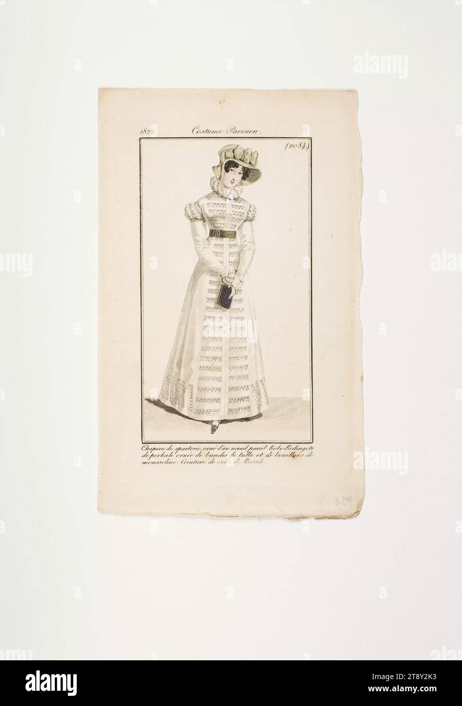 Fashion plate: 'French lady with hat, coat dress, belt and book', Unknown, 1822, paper, colorised, copperplate engraving, height 21 cm, width 13 cm, plate size 15, 5×9 cm, Fashion, Bourgeoisie, Biedermeier, fashion plates, head-gear, woman, dress, gown, The Vienna Collection Stock Photo