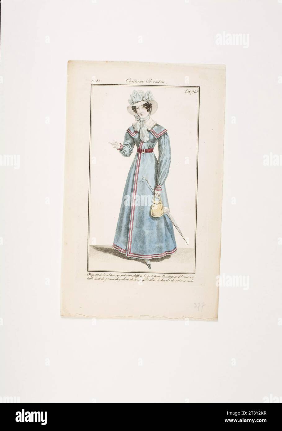 Fashion plate: 'Parisian woman with hat, coat dress, bag, umbrella and belt', Unknown, 1822, paper, colorised, copperplate engraving, height 21, 5 cm, width 13 cm, plate size 15, 5×9 cm, Fashion, Bourgeoisie, Biedermeier, fashion plates, head-gear, coat, woman, dress, gown, The Vienna Collection Stock Photo