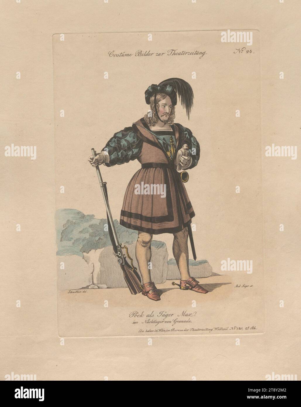 Karl Josef Pöck as the hunter Max in 'Night Camp of Granada' (costume picture no. 24 to the theater newspaper), Andreas Geiger (1765-1856), Artist, 1834, colorised, copperplate engraving, sheet size 29, 3×23, 6 cm, Theatre, Performing arts, Fine Arts, actor (on the stage), The Vienna Collection Stock Photo
