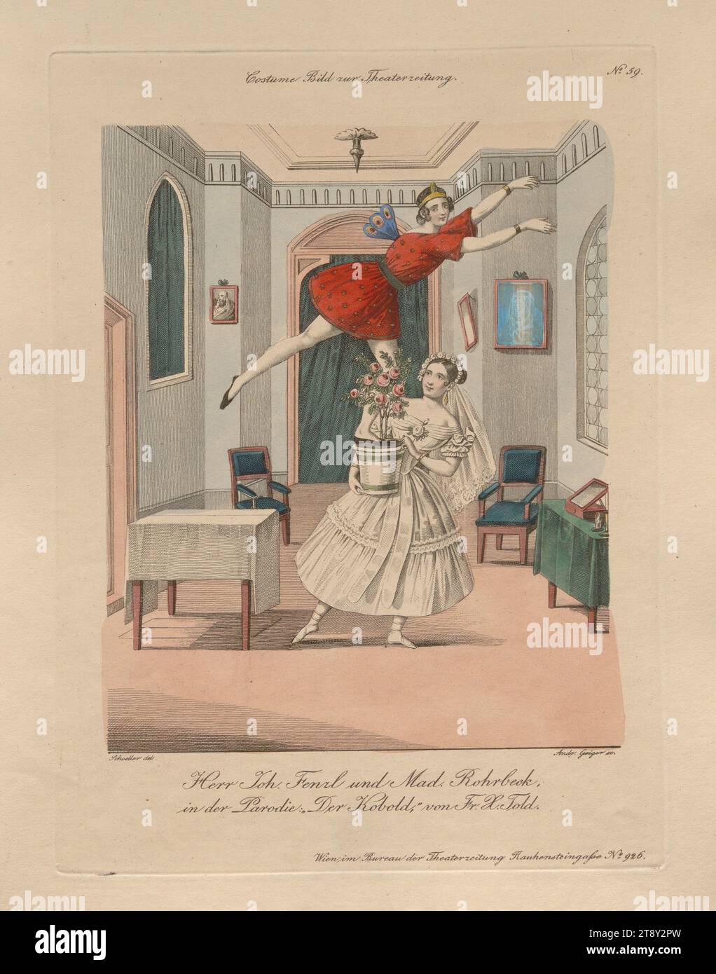 Mr. Joh. Fenzl and Mad. Rohrbeck in the parody 'The Goblin' by Fr. Told (costume picture No. 59 for the theater newspaper), Andreas Geiger (1765-1856), copper engraver, 1838, colorised, copperplate engraving, sheet size 30×23, 4 cm, Theatre, Performing arts, Fine Arts, actor (on the stage), The Vienna Collection Stock Photo