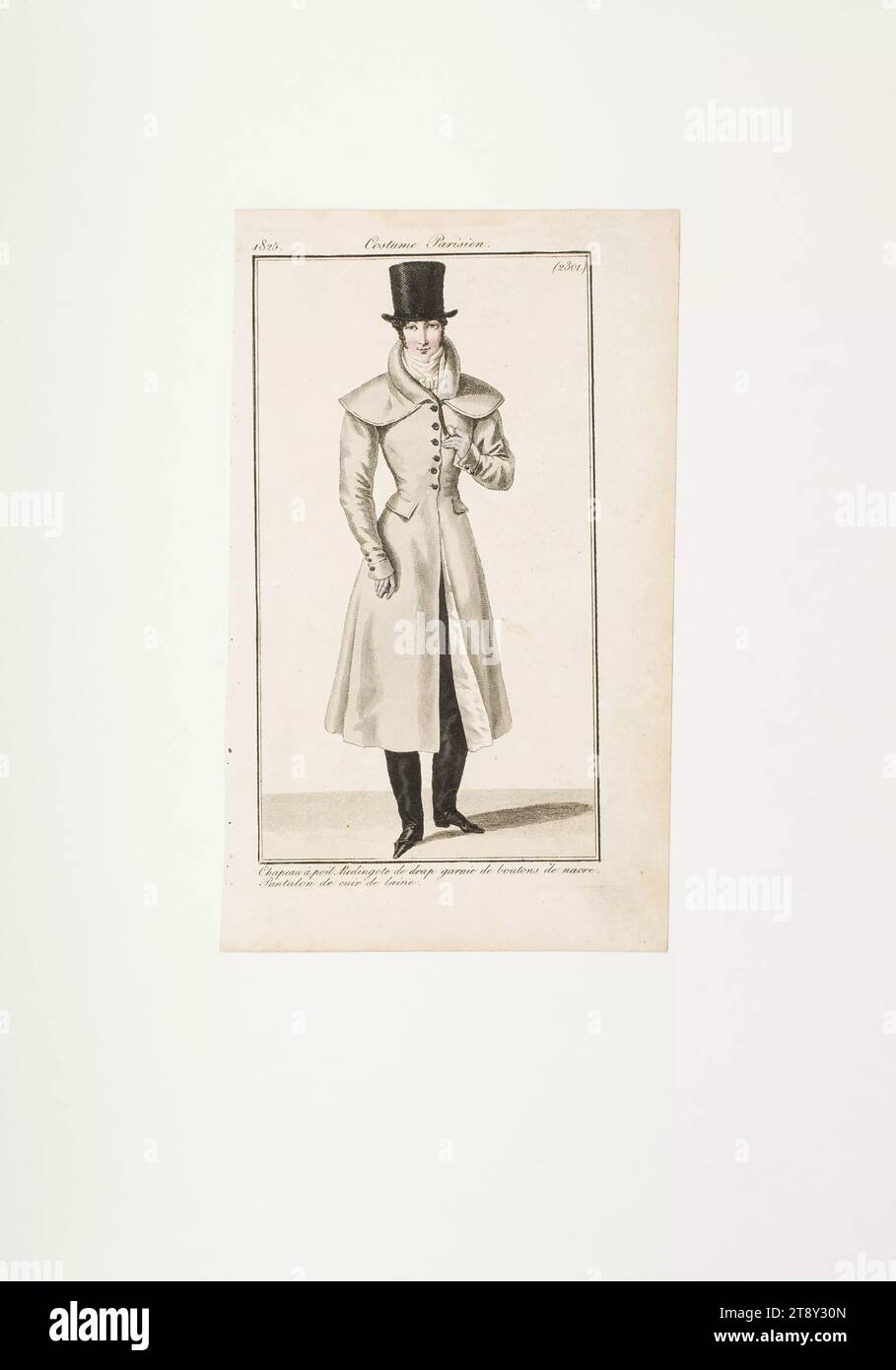 Fashion plate: 'Frenchman with top hat, coat and black trousers', Unknown, 1825, paper, colorised, copperplate engraving, height 19, 5 cm, width 11, 7 cm, plate size 16×9 cm, Fashion, Bourgeoisie, Biedermeier, fashion plates, head-gear, dandy, beau, coat, man, The Vienna Collection Stock Photo
