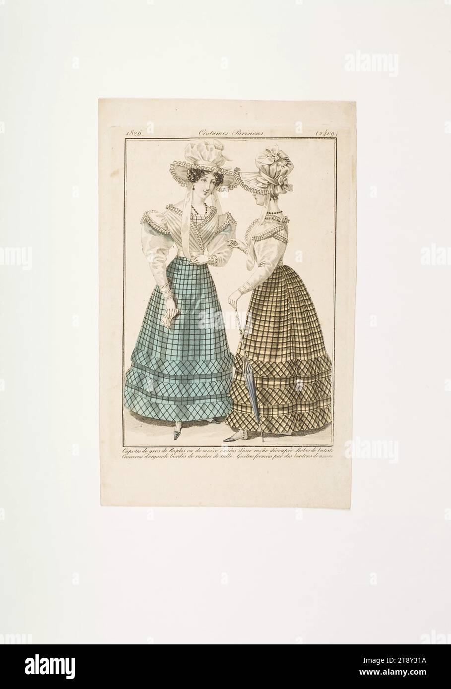 Fashion picture: 'French ladies with hats, blouse dresses, boots and umbrella', Unknown, 1826, paper, colorised, copperplate engraving, height 21, 2 cm, width 13, 5 cm, plate size 16×11 cm, Fashion, Bourgeoisie, Biedermeier, fashion plates, head-gear, woman, dress, gown, The Vienna Collection Stock Photo