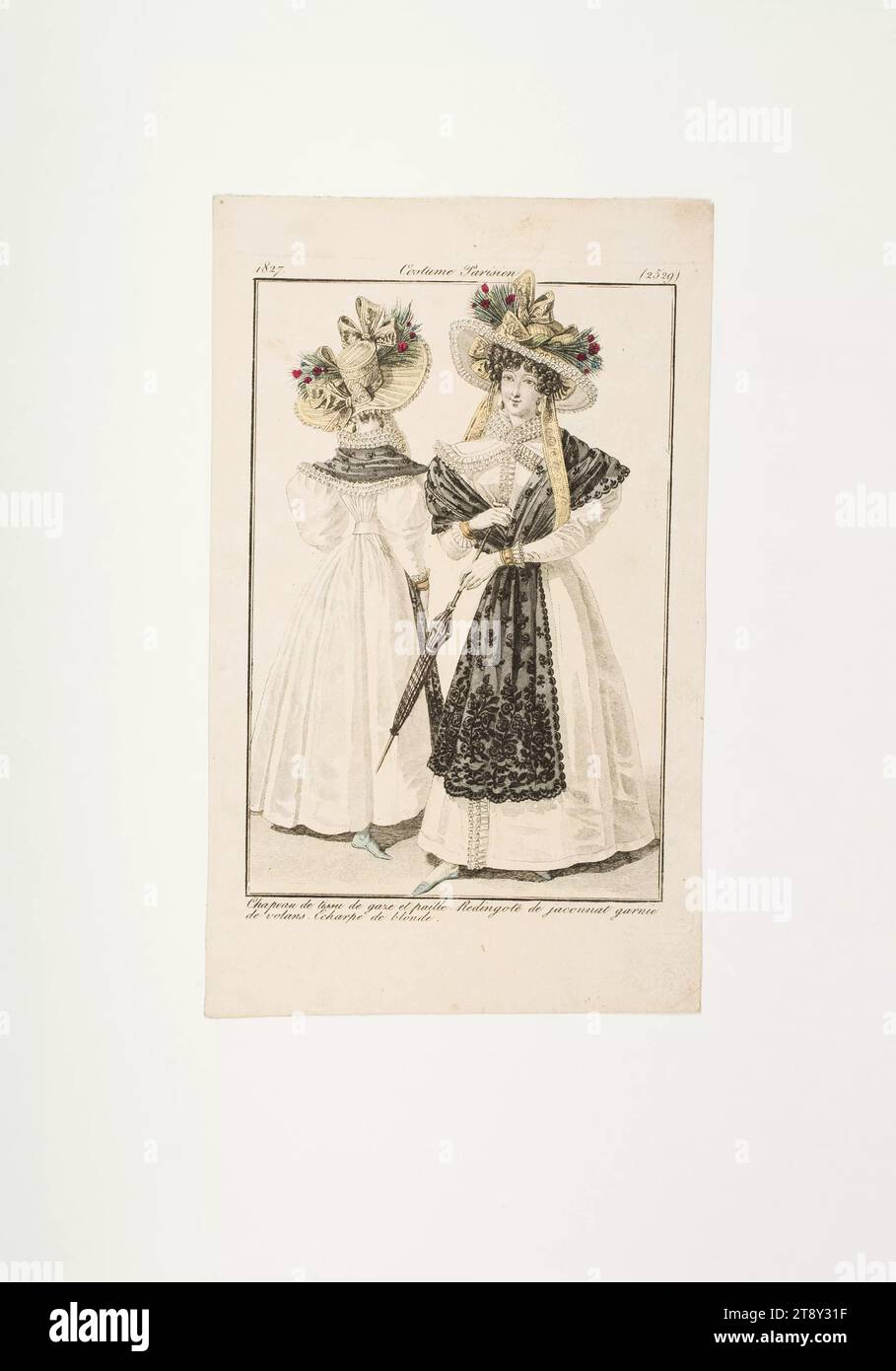 Fashion plate: 'Two French women with wide-brimmed hats, light coats and scarves', Unknown, 1827, paper, colorised, copperplate engraving, height 21, 4 cm, width 13, 1 cm, plate size 16×11 cm, Fashion, Bourgeoisie, Biedermeier, fashion plates, head-gear, coat, woman, neck-gear  clothing, dress, gown, The Vienna Collection Stock Photo