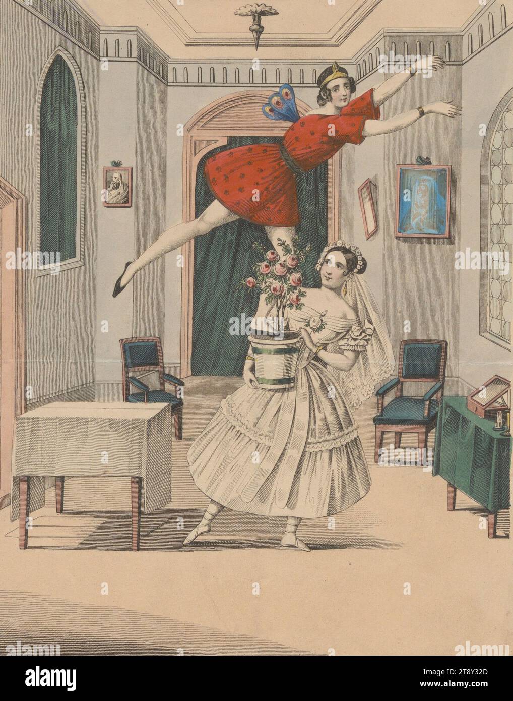 Mr. Joh. Fenzl and Mad. Rohrbeck in the parody 'Der Kobold' by Fr. Told (costume picture No. 59 for the Theaterzeitung), Andreas Geiger (1765-1856), realisation, 1838, paper, copperplate engraving, colorised, sheet size 22×15, 6 cm, Theatre, Performing arts, Fine Arts, actor (on the stage), The Vienna Collection Stock Photo