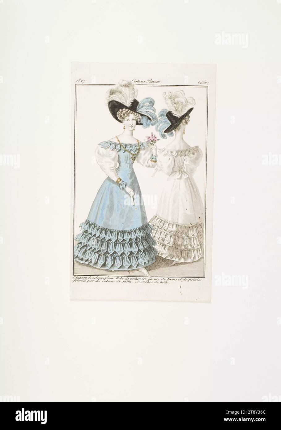 Fashion picture: Two Parisian women with velvet hats in blue and white woolen dress, Unknown, 1827, paper, colorised, copperplate engraving, height 19, 9 cm, width 12, 1 cm, plate size 17, 4×12, 2 cm, Fashion, Bourgeoisie, Biedermeier, fashion plates, head-gear, woman, dress, gown, The Vienna Collection Stock Photo