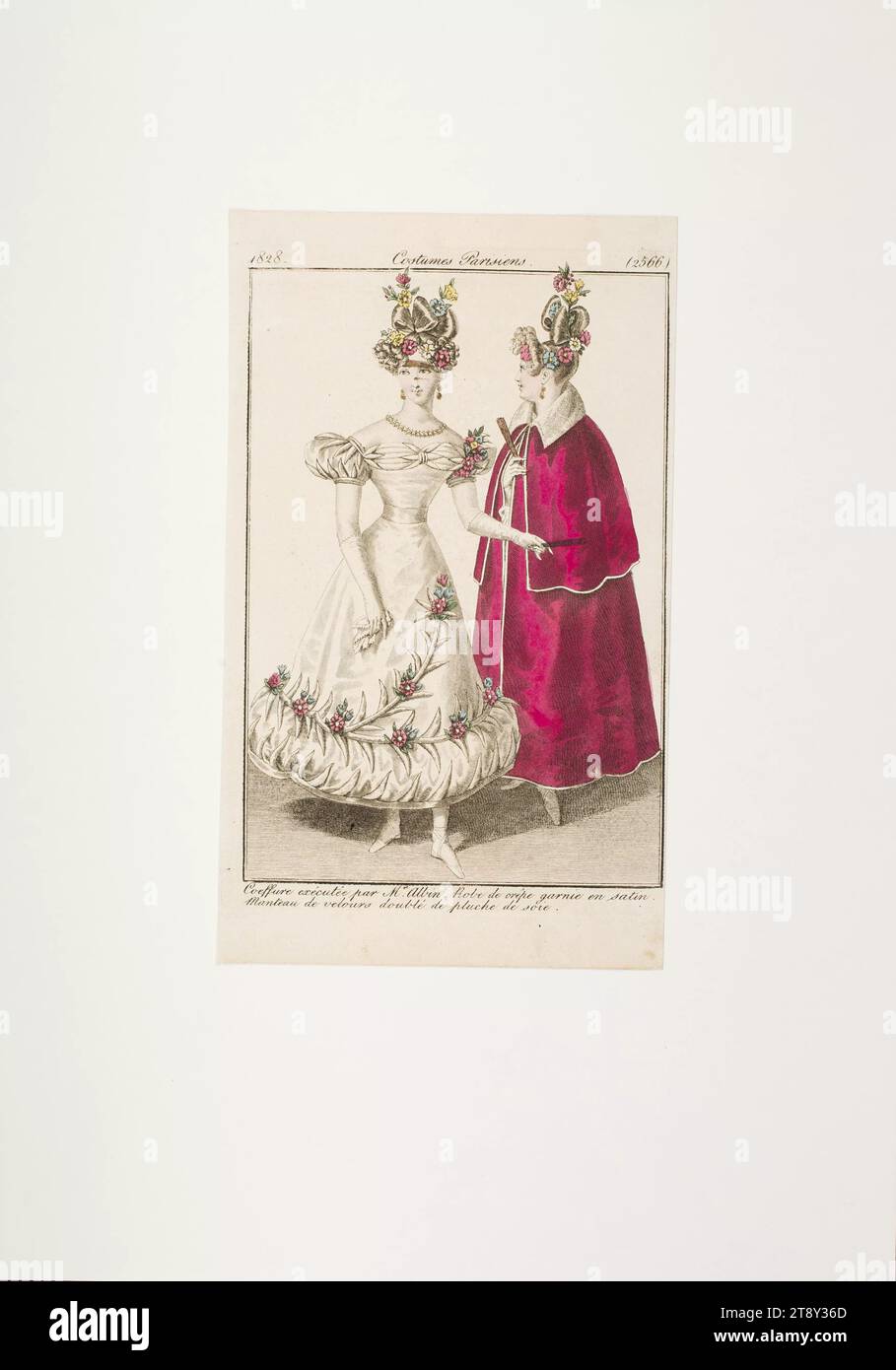 Fashion plate: Two Parisian women with pinned up flower decorated hair; white crepe dress and red velvet gown; white cross ribbon shoes, Unknown, 1828, paper, colorised, copperplate engraving, height 20, 8 cm, width 12, 8 cm, plate size 18, 5×12, 5 cm, Fashion, Bourgeoisie, Biedermeier, fashion plates, head-gear, coat, woman, dress, gown, The Vienna Collection Stock Photo