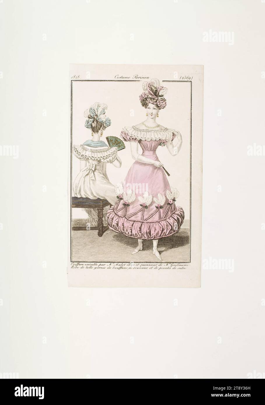 Fashion picture: Two Parisian women with head-gear in white and pink robe with puffed sleeves, white cross-band shoes, Unknown, 1828, paper, colorised, copperplate engraving, height 20, 8 cm, width 12, 9 cm, plate size 18, 5×12, 6 cm, Fashion, Bourgeoisie, Biedermeier, fashion plates, head-gear, woman, dress, gown, The Vienna Collection Stock Photo