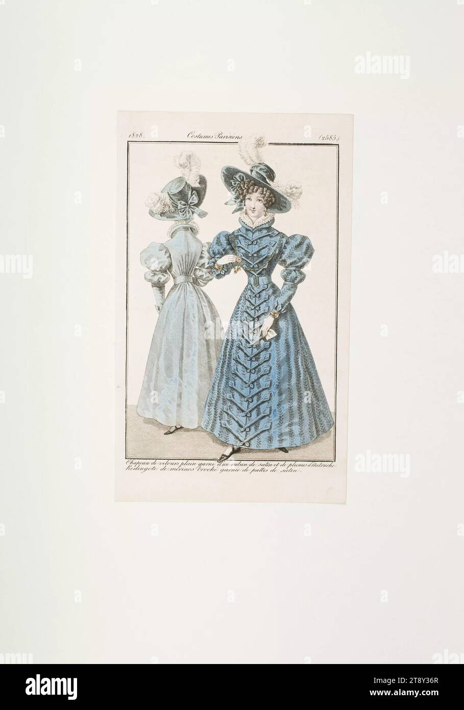 Fashion picture: Lady with blue velvet hat and blue gingham, Unknown, 1828, paper, colorised, copperplate engraving, height 20, 8 cm, width 12, 8 cm, plate size 18, 5×11, 8 cm, Fashion, Bourgeoisie, Biedermeier, fashion plates, head-gear, woman, dress, gown, The Vienna Collection Stock Photo